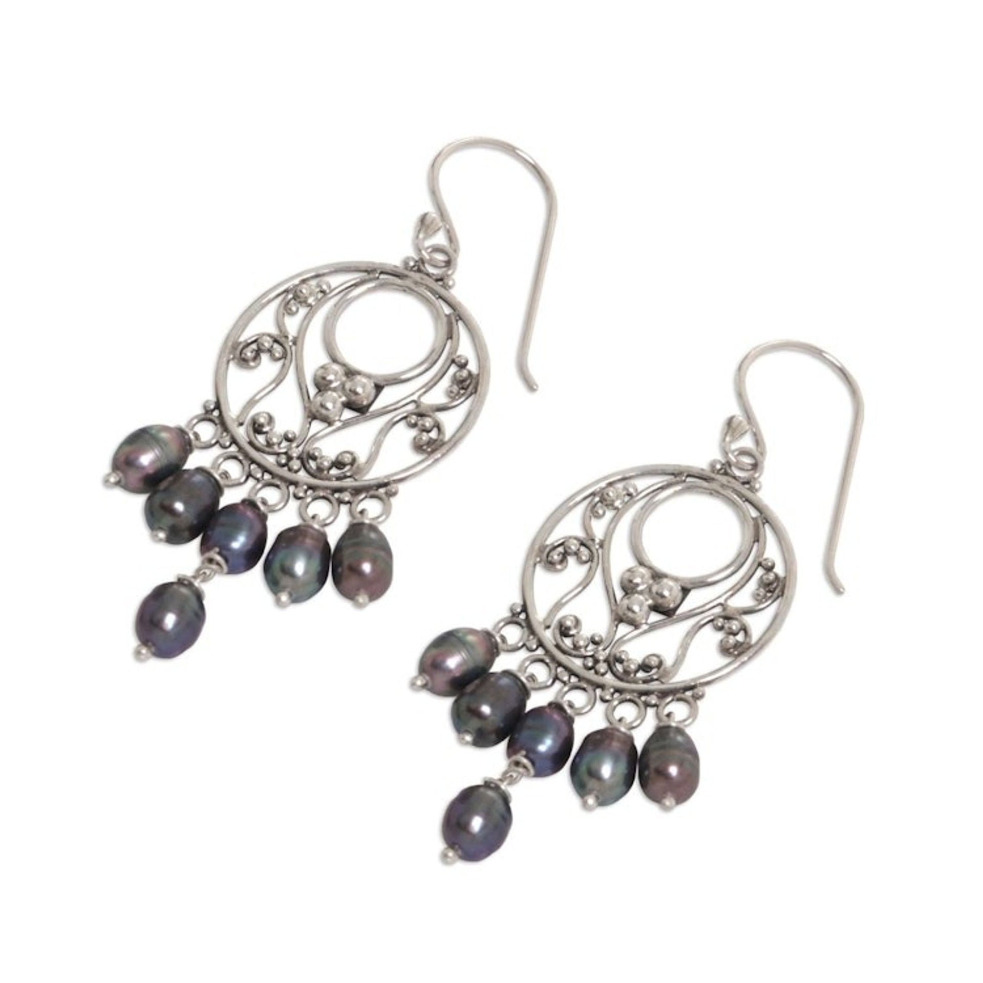 Pearl Sterling Silver Chandelier Earrings 'Dark Moonbeams'