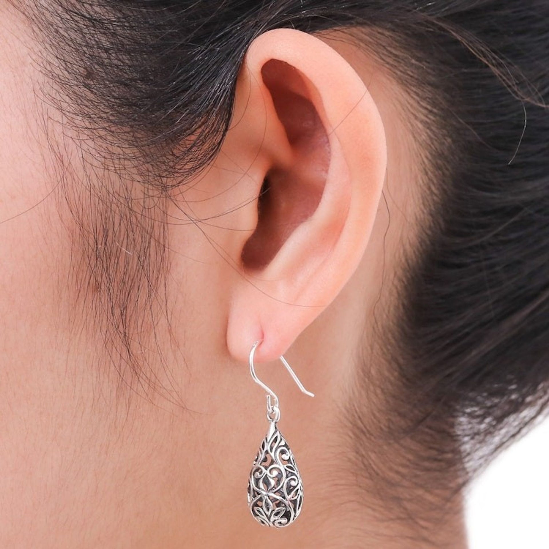 Unique Thai Sterling Silver Dangle Earrings 'Forest Tear'