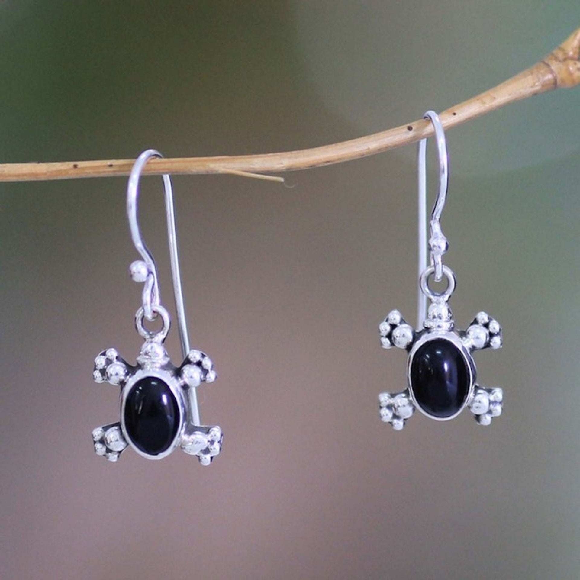 Handmade Sterling Silver and Onyx Dangle Earrings 'Turtle Trails'