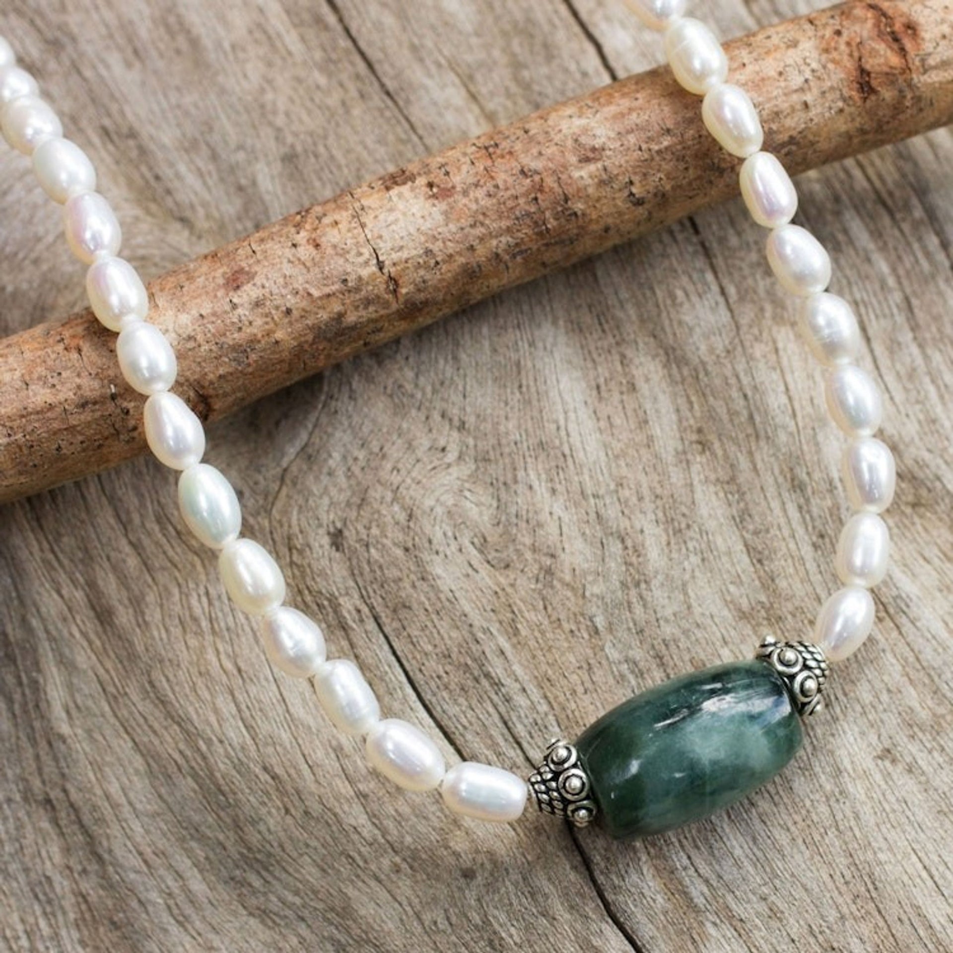 Artisan Crafted Pearl and Jade Necklace 'Purity and Love'