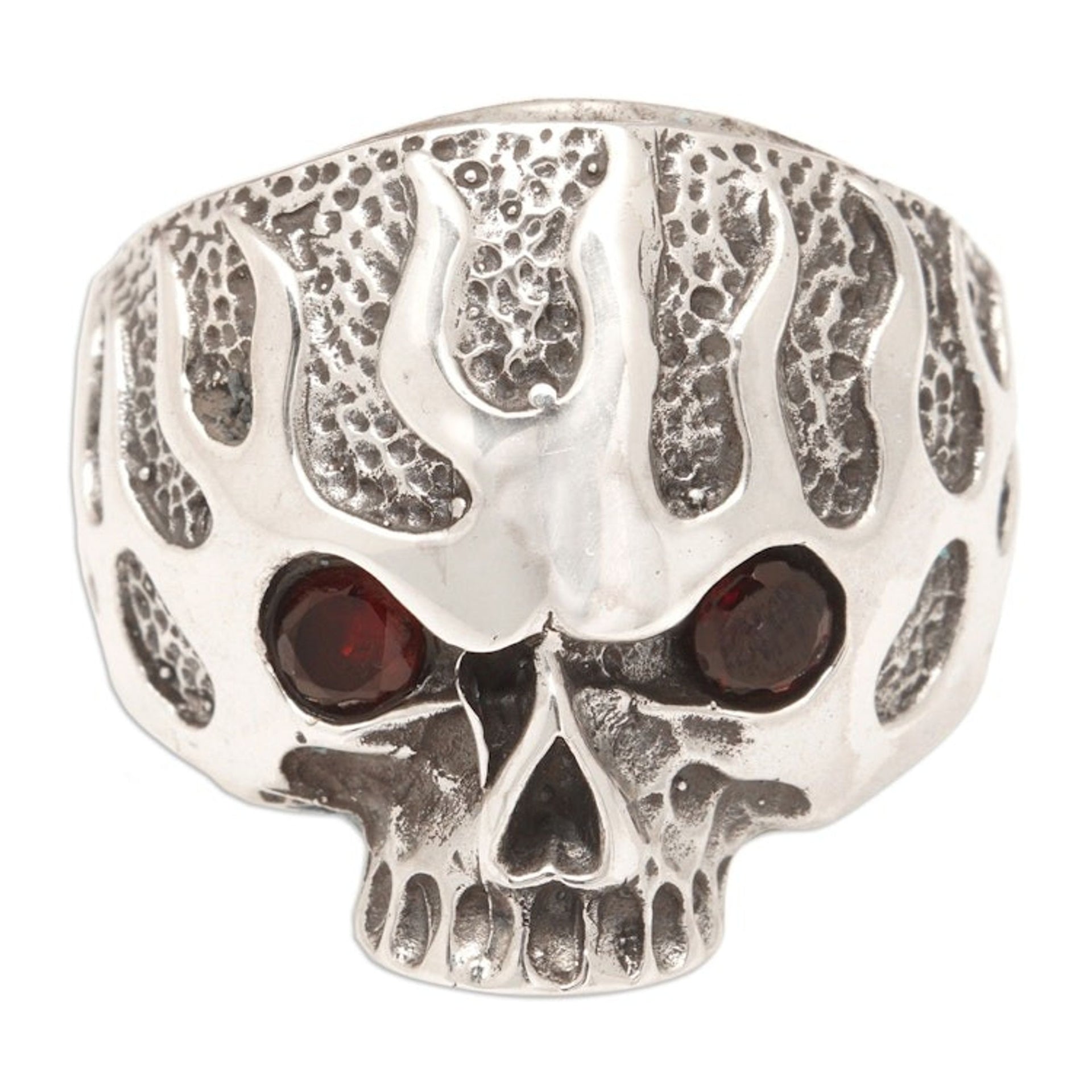 Men's Sterling Silver Skull Cocktail Ring with Garnet Stones 'Fire Skull'