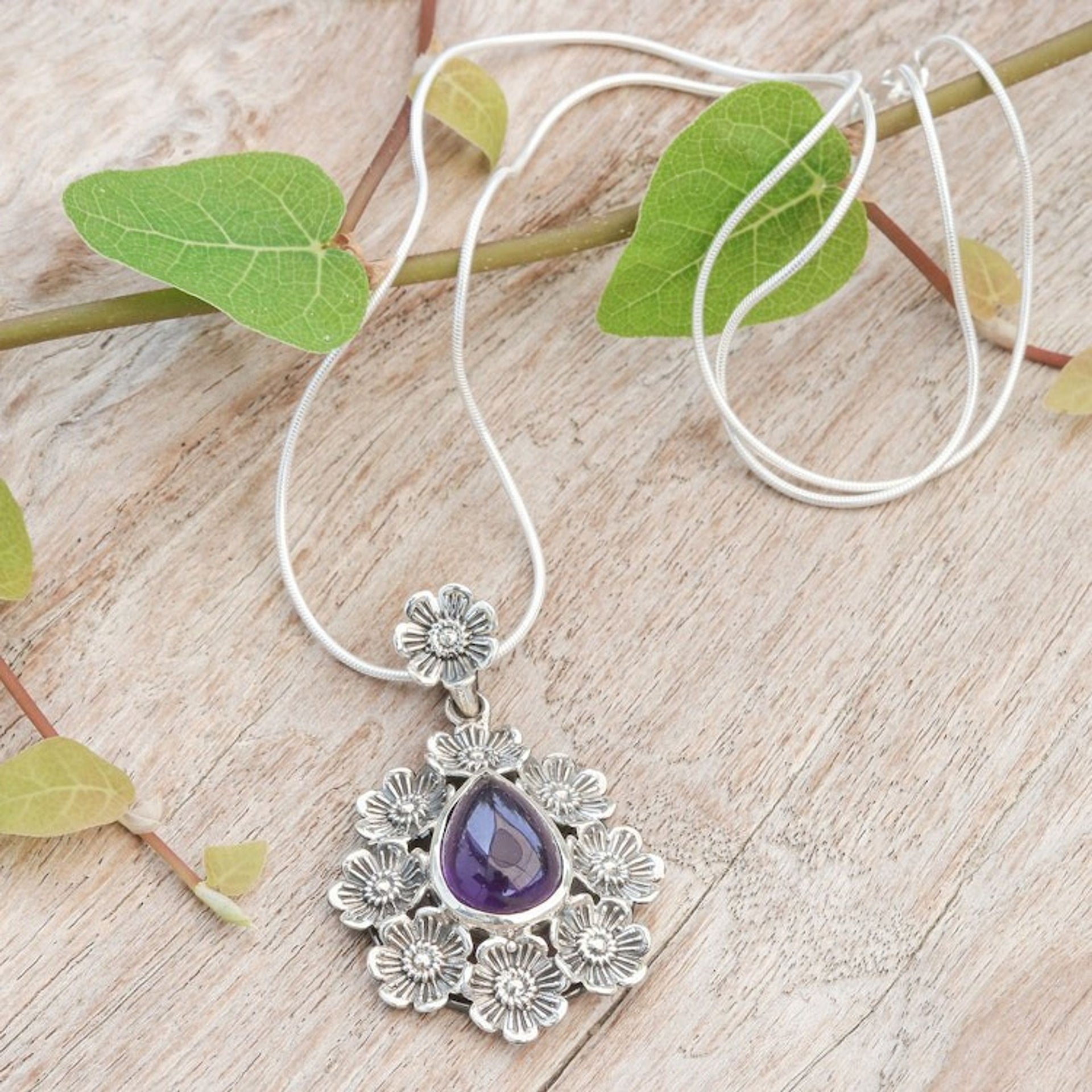 Natural Amethyst Cabochon Pendant Necklace with Floral Motif 'Crowned Beauty in Purple'