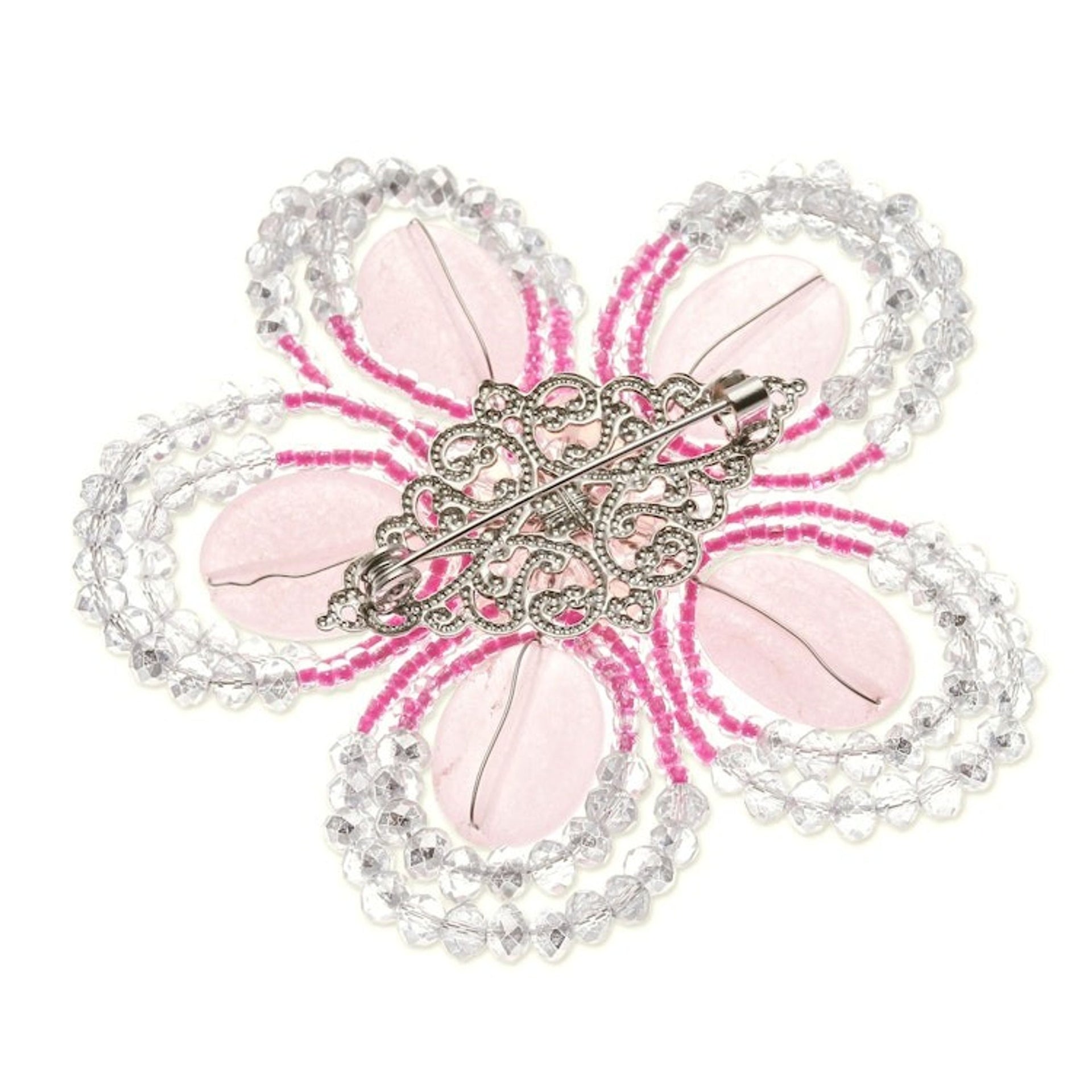 Handcrafted Floral Pink Quartz and Glass Beaded Brooch Pin 'Spring in Tenderness'