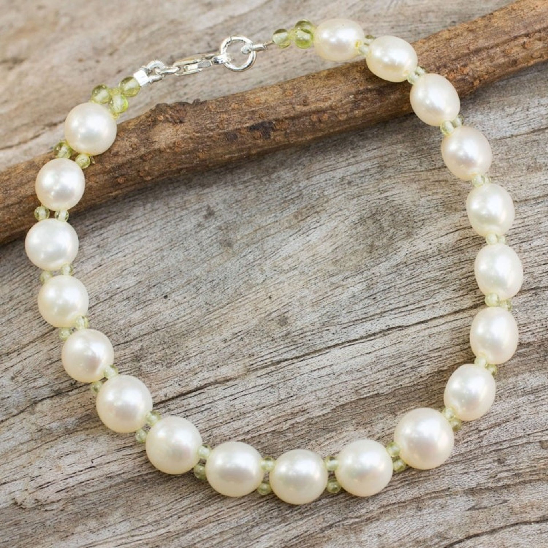 White Pearls and Peridot Hand Crafted Bracelet from Thailand 'Purest Nature'