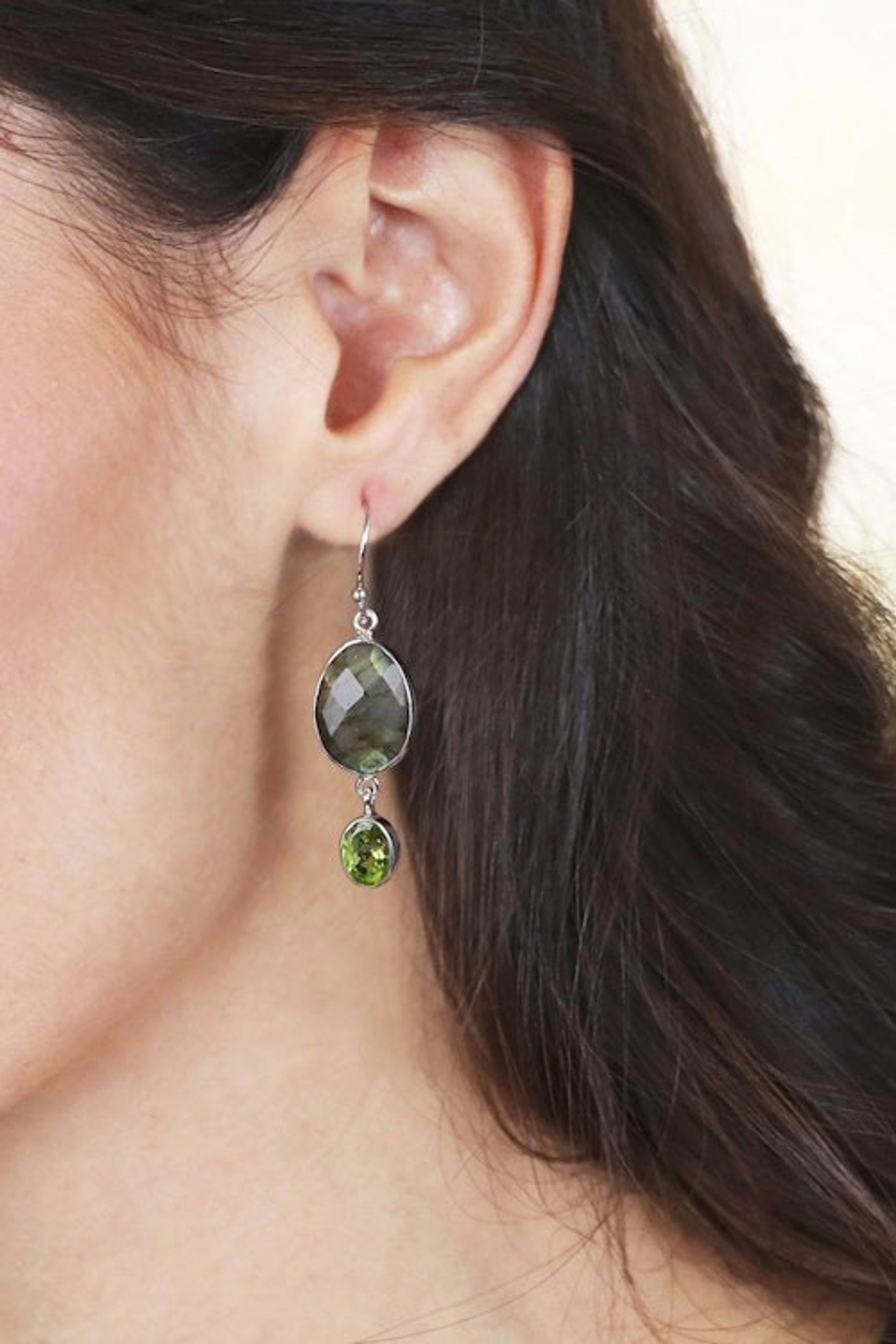14-Carat Labradorite Peridot and Silver Dangle Earrings 'Dazzling Glam'