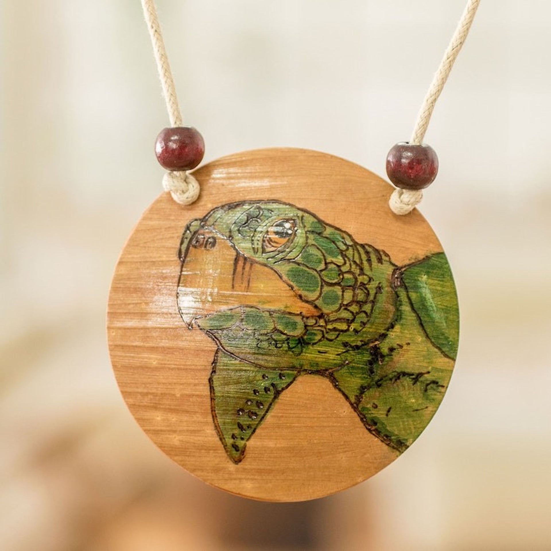 Hand-Painted Calabash Gourd Sea Turtle Pendant Necklace 'Wisdom Portrayal'