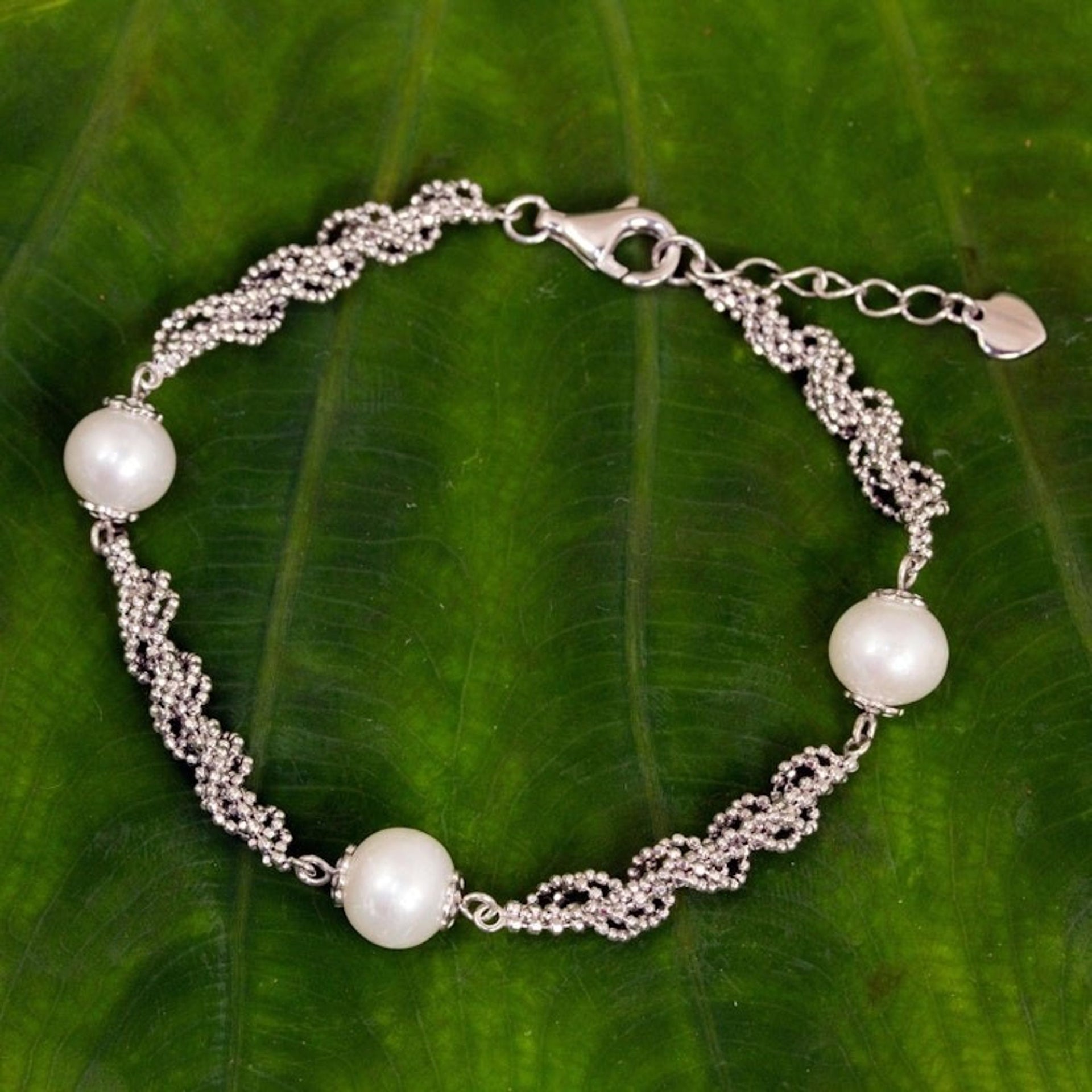 Thai Handcrafted Cultured Pearl and Sterling Silver Bracelet 'White Jasmine Trio'