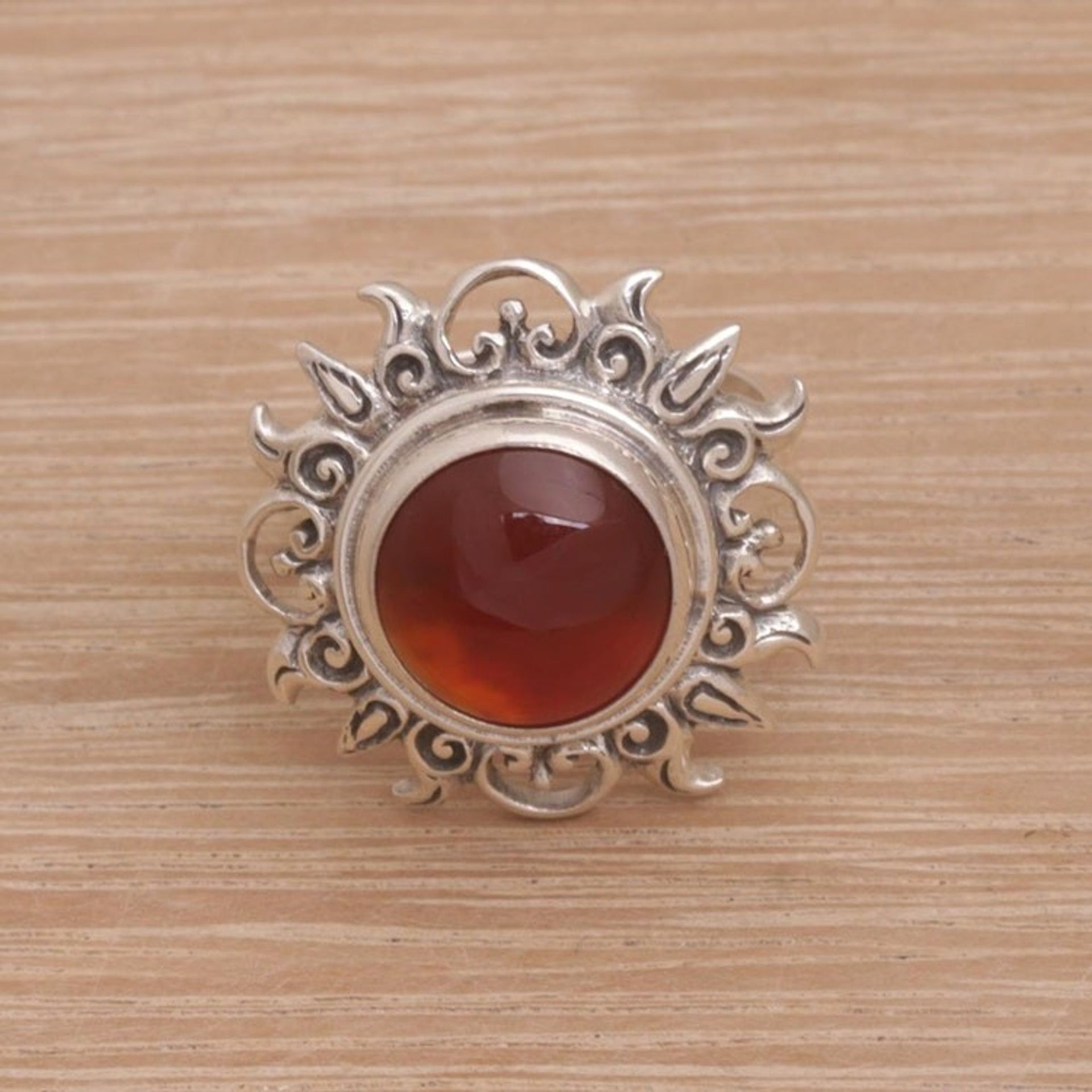 Sun Themed Carnelian and Sterling Silver Cocktail Ring 'Light Of The Universe'