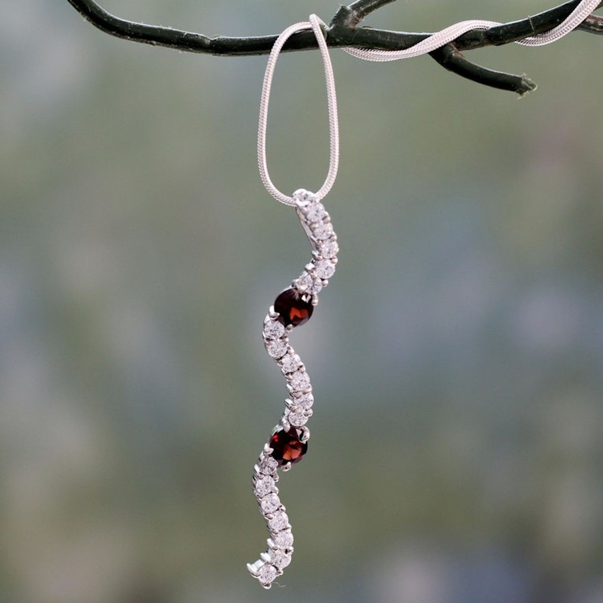 Sterling Silver Necklace with Garnet and Cubic Zirconia 'Sparkling Treasure'