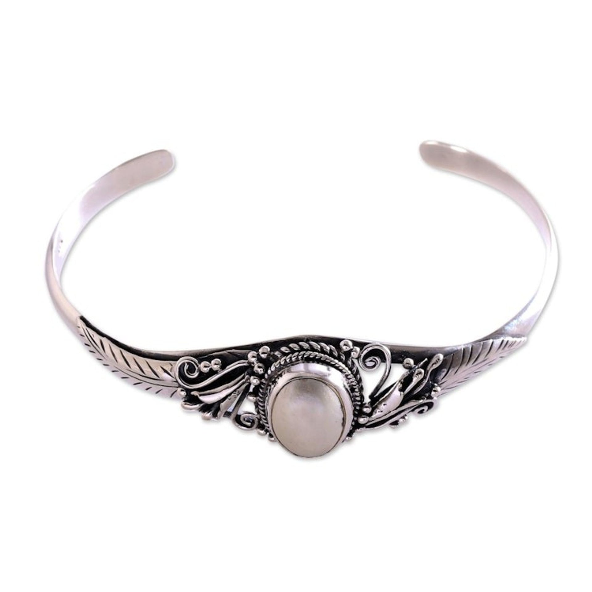 Cultured Pearl Pendant Cuff Bracelet from Bali 'Moonlight Shade'