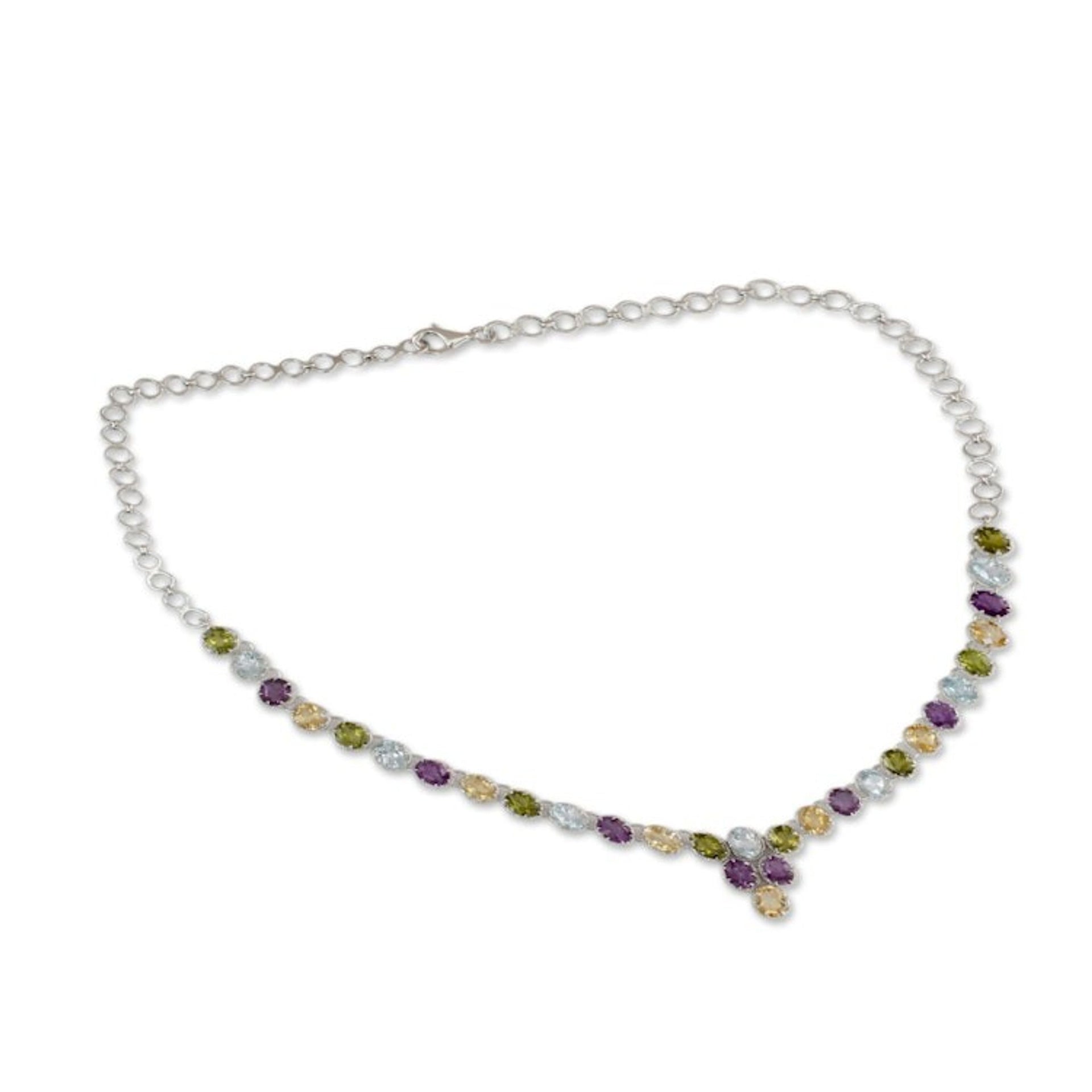 Handmade Silver Necklace Four Kinds of Faceted Gems 'Cascading Colors'