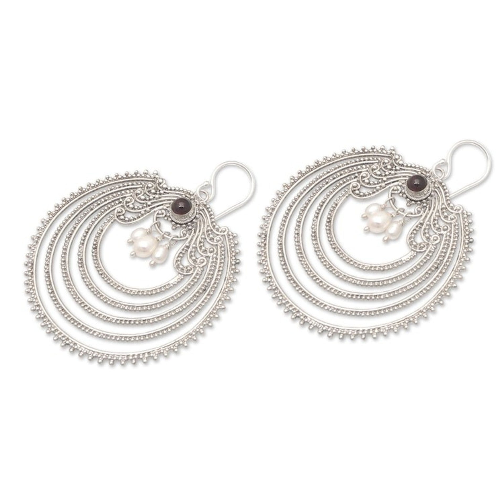 Dangle Earrings with Silver-White Pearls and Natural Garnet 'Fancy Passion'