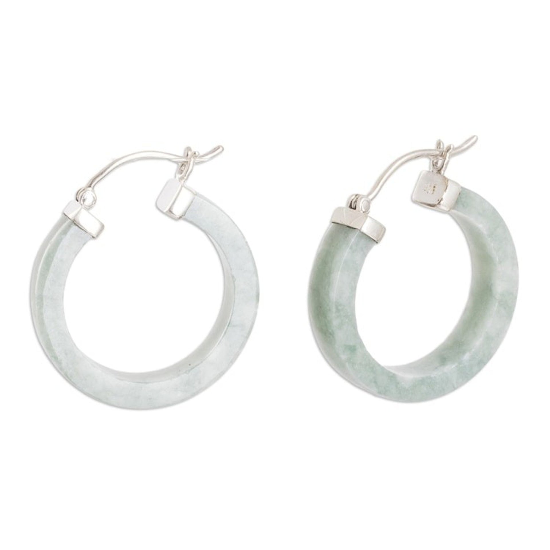 Modern Green Jade Hoop Earrings with Sterling Silver Clasps 'Lagoon Connection'