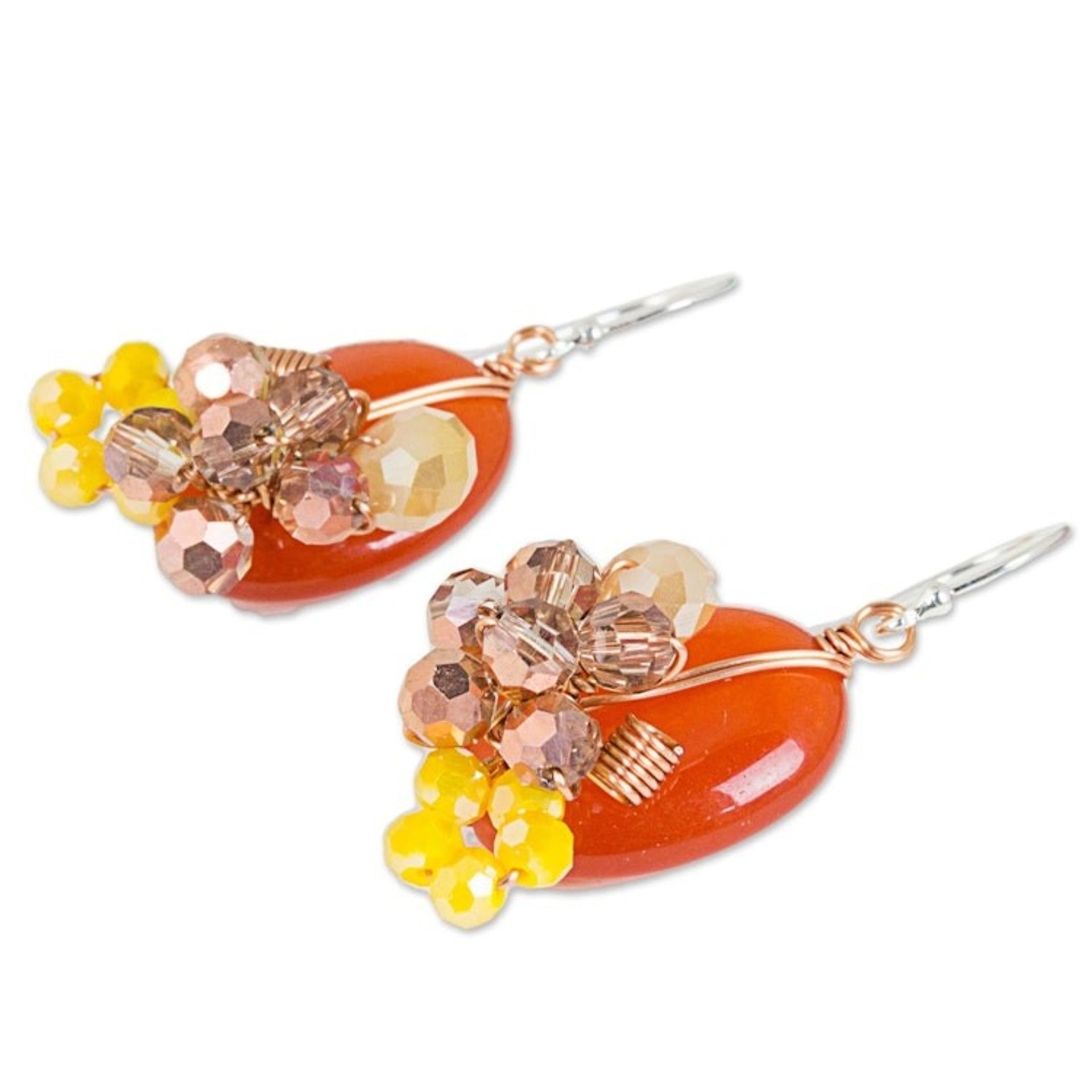 Orange Quartz and Glass Bead Dangle Earrings with Copper 'Garden Bliss in Deep Orange'