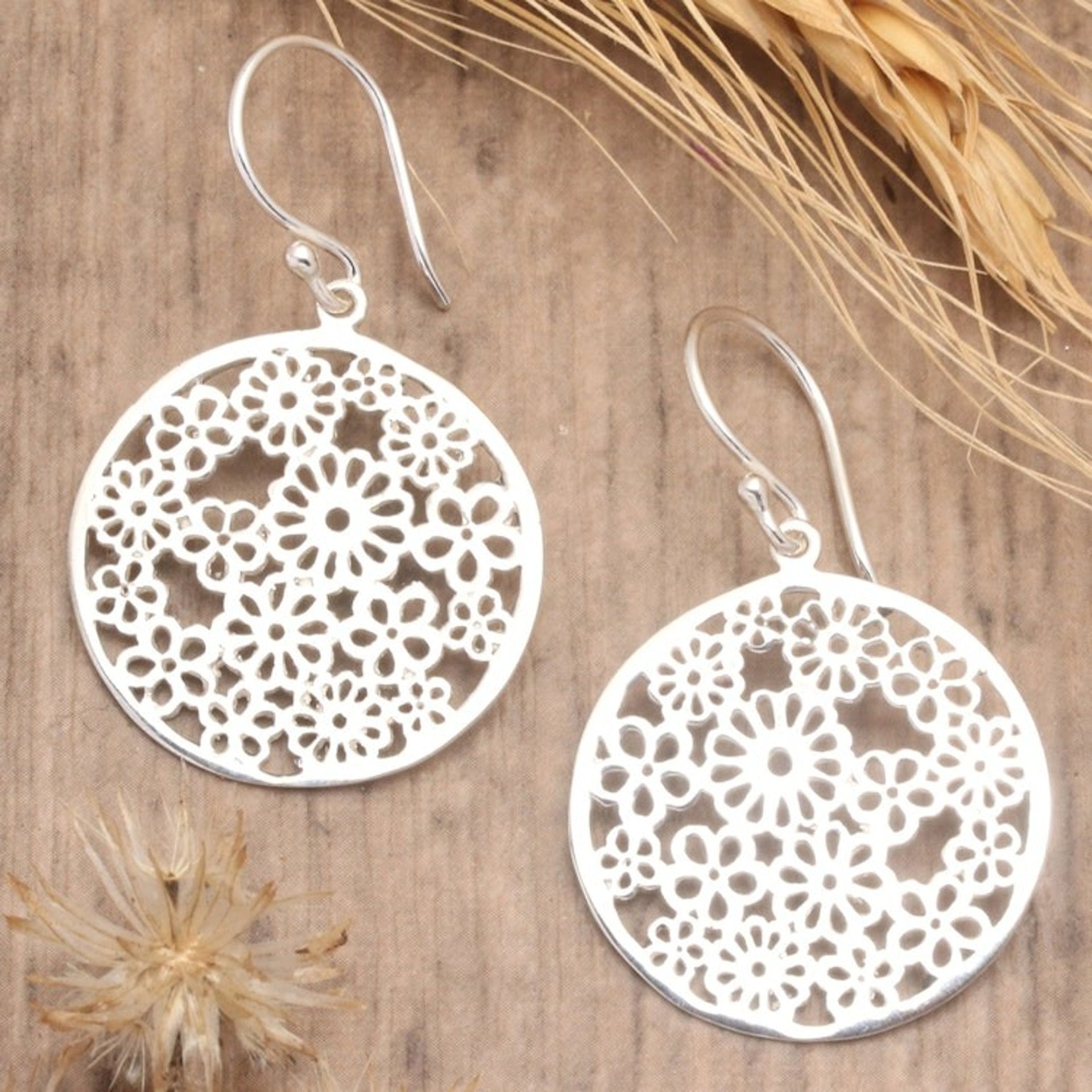 Polished Round Floral Sterling Silver Dangle Earrings 'Radiant Day'