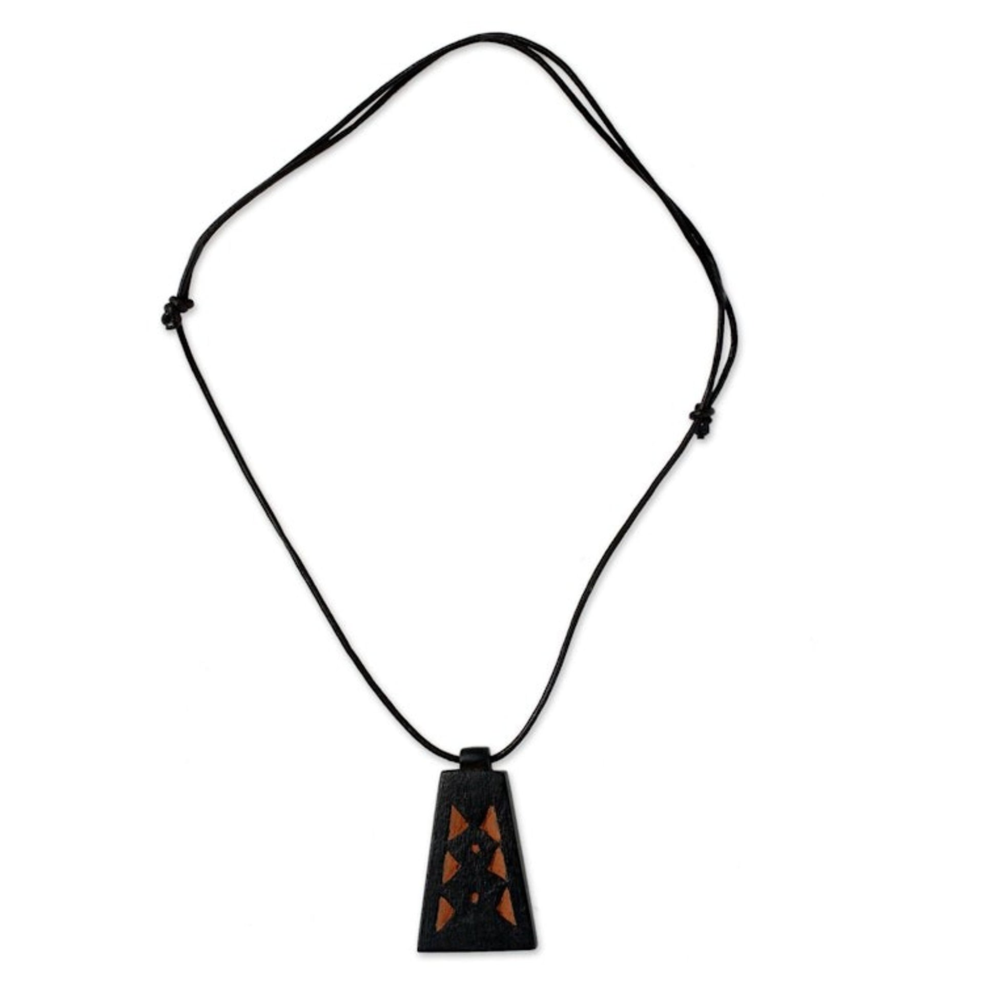 Men's Hand Crafted Leather and Wood Pendant Necklace 'Between Pyramids'