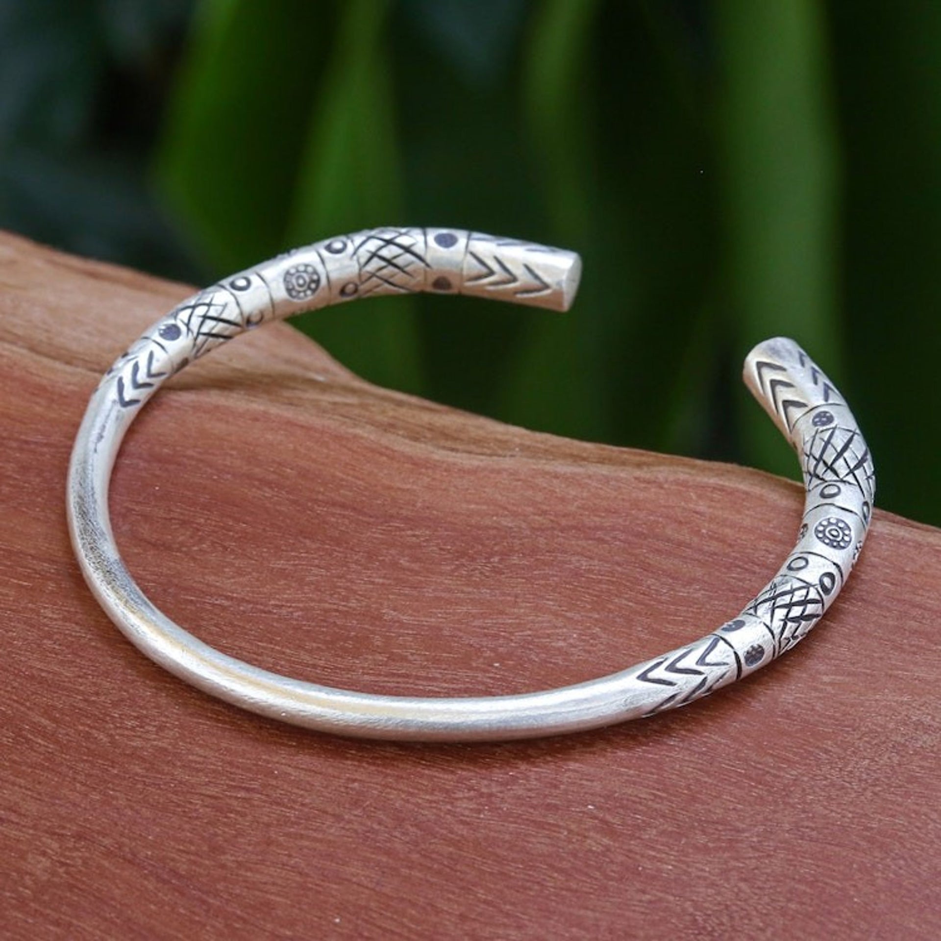 Hill Tribe-Themed Sterling Silver Cuff Bracelet 'Ancestral Halo'