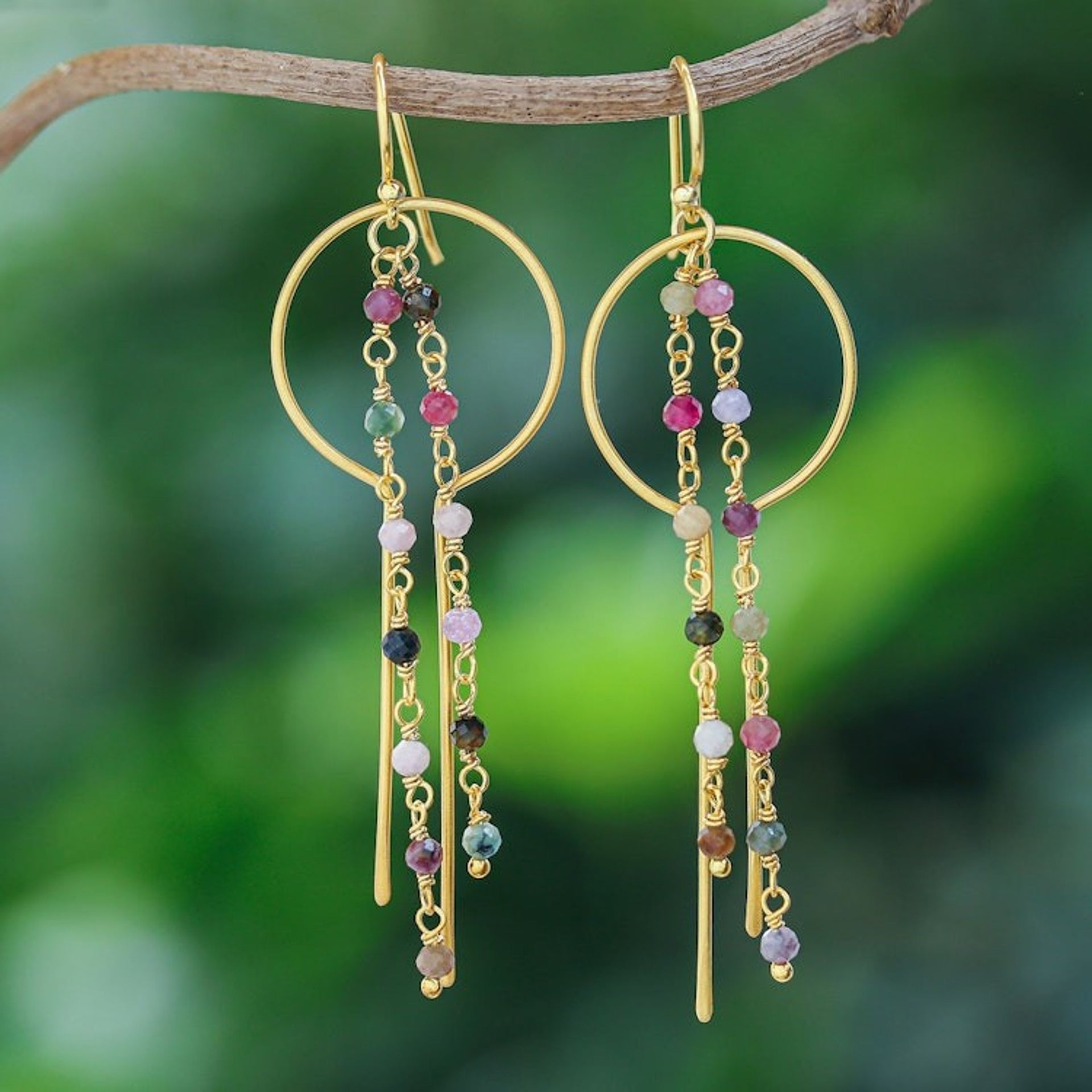 24k Gold-Plated Waterfall Earrings with Tourmaline Beads 'Creative Emotions'