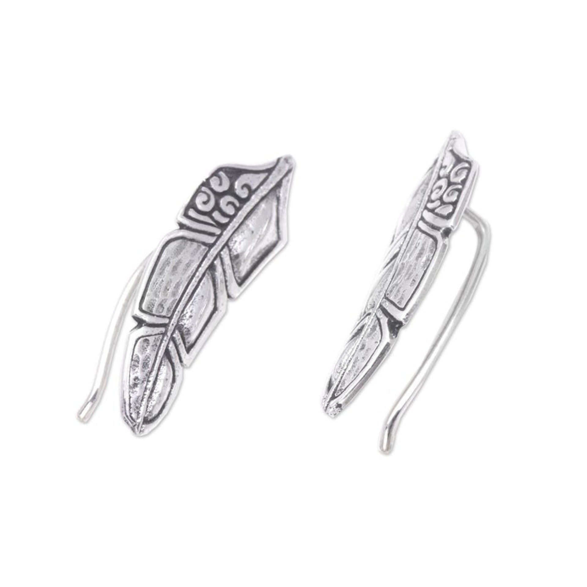 Feather Ear Climber Earrings Made from Sterling Silver 'Bali Feathers'
