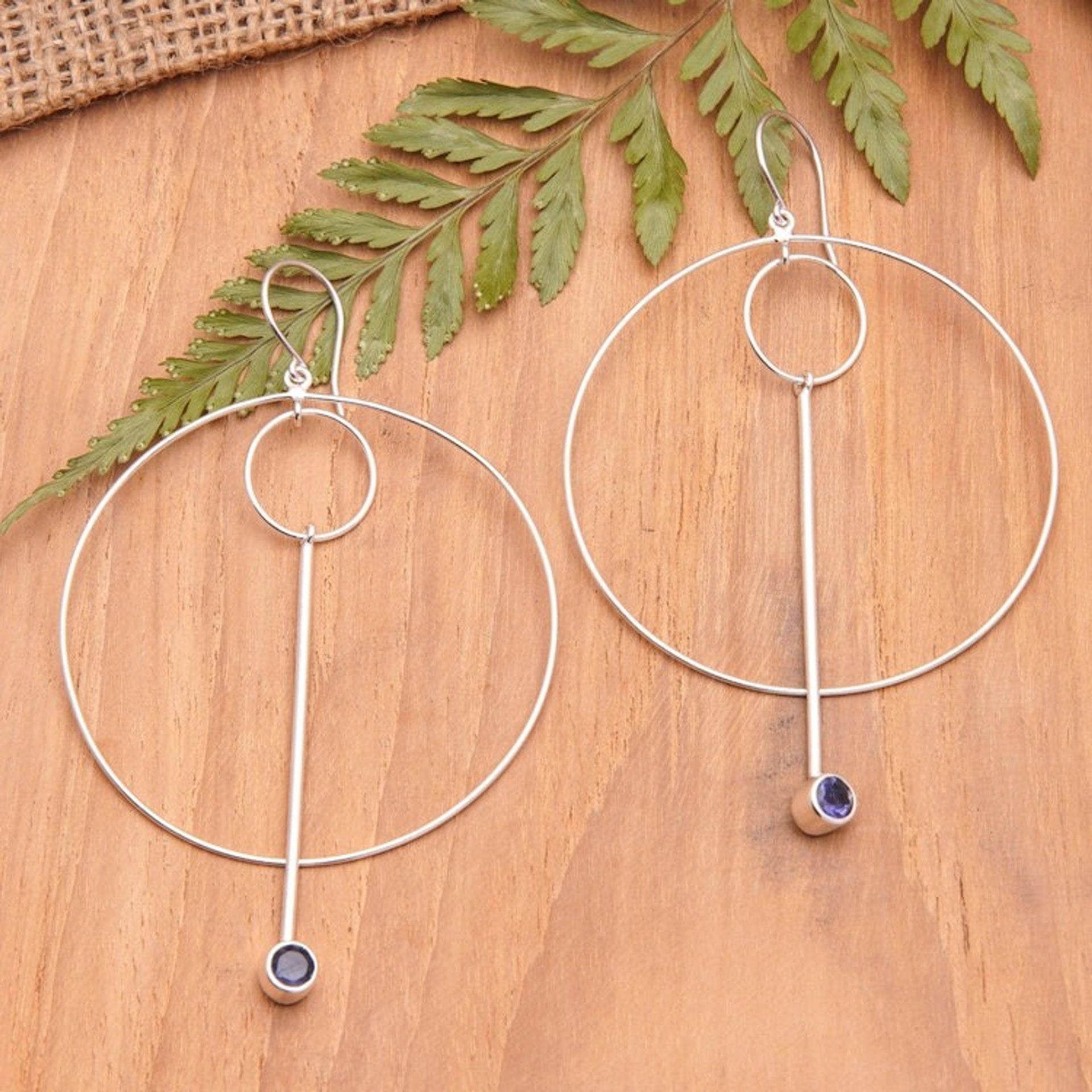 Modern Sterling Silver Circle Dangle Earrings with Iolite 'Contemporary Glam'