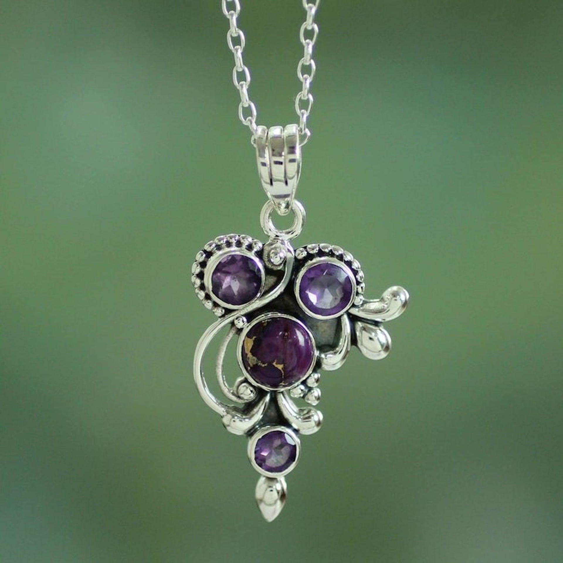 Handmade Amethyst and Sterling Silver Pendant Necklace 'Mystic Lilac Jaipur'