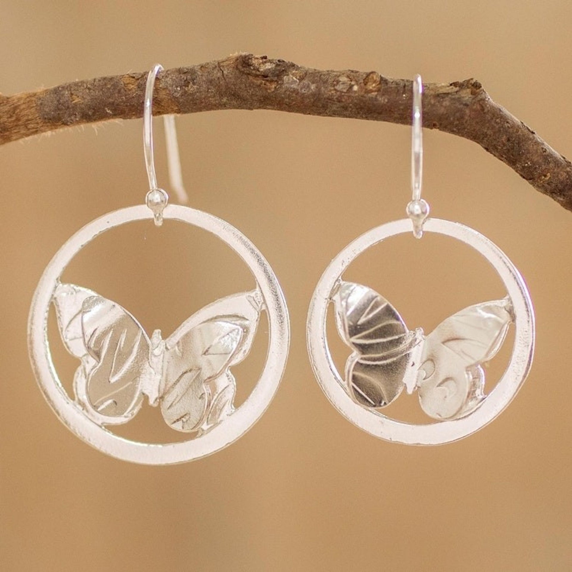 Sterling Silver Encircled Butterfly Earrings from Costa Rica 'Shimmering Flight'