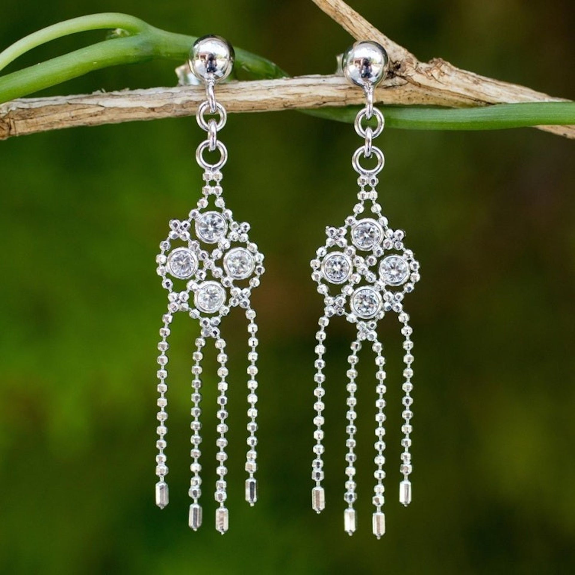 Silver and Cubic Zirconia Waterfall Earrings from Thailand 'Dazzling Starlight'