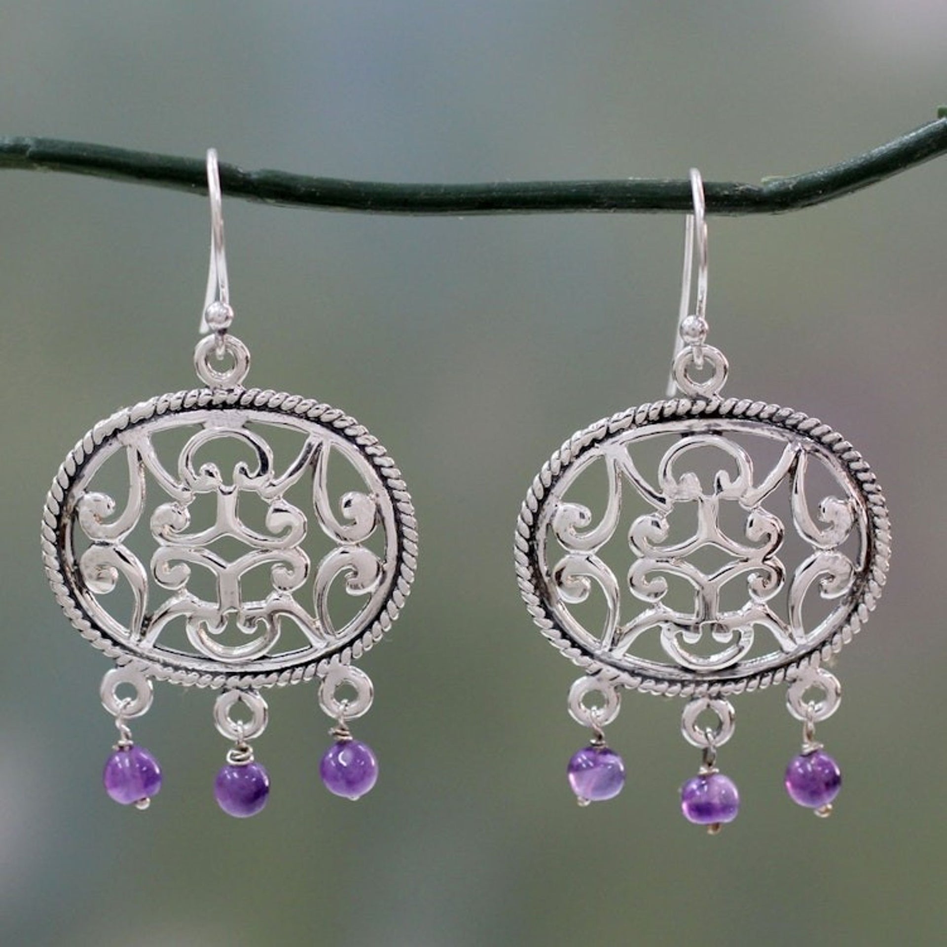 Sterling Silver Earrings Crafted by Hand with Amethysts 'Mughal Visions'