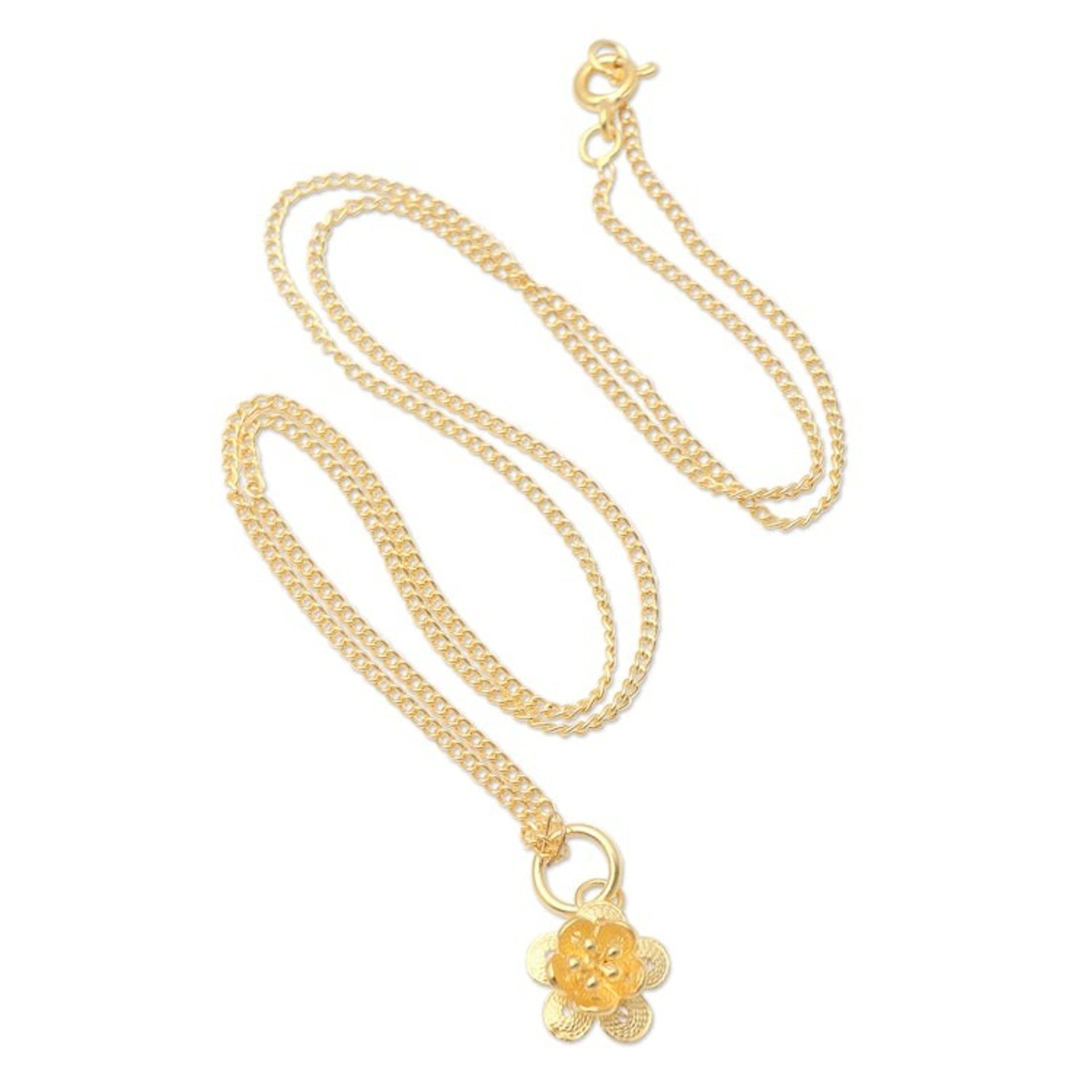 Gold-Plated Sterling Silver Filigree Pendant Necklace 'Strawberry Flower'