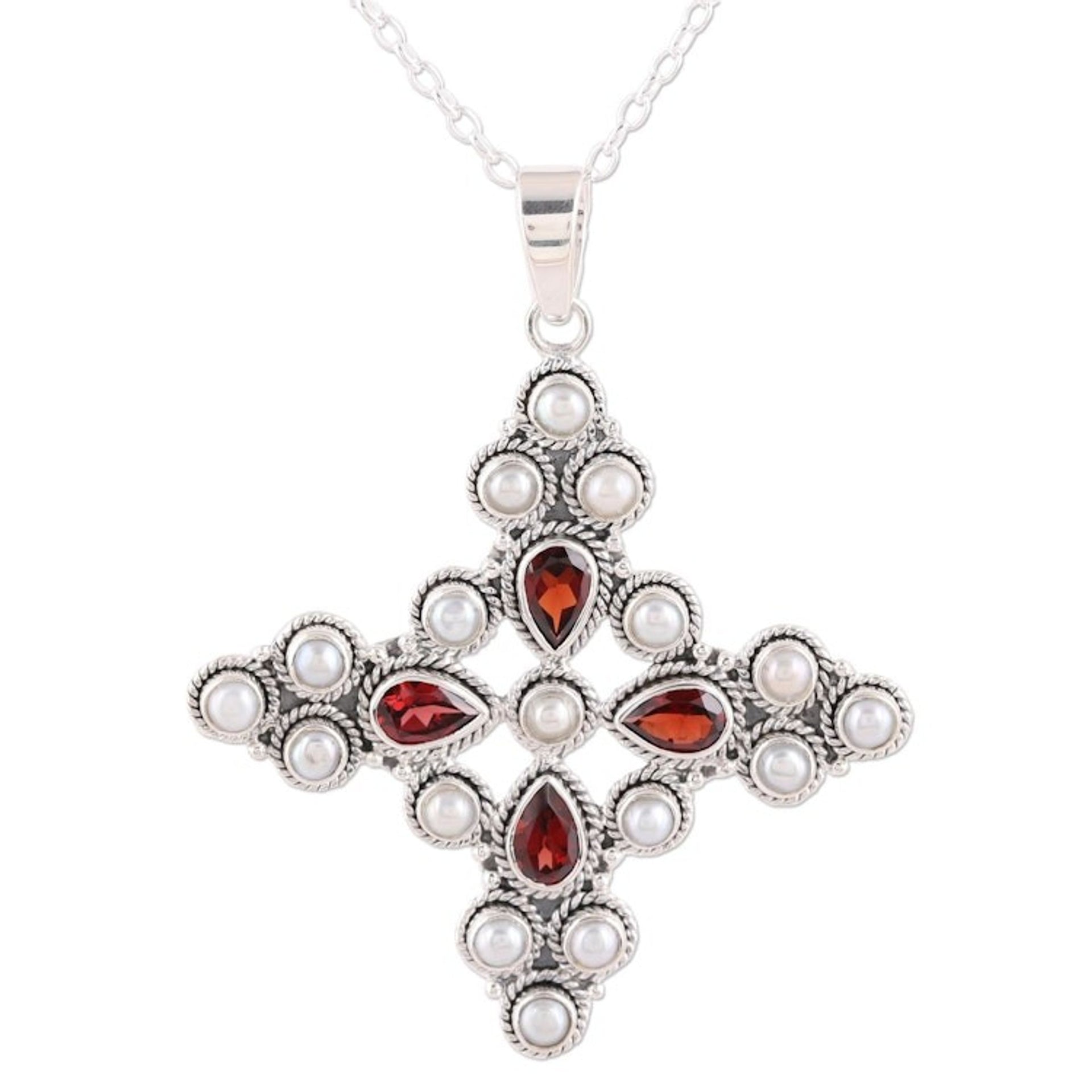 Garnet and Cultured Pearl Pendant Necklace from India 'Royal Cross'