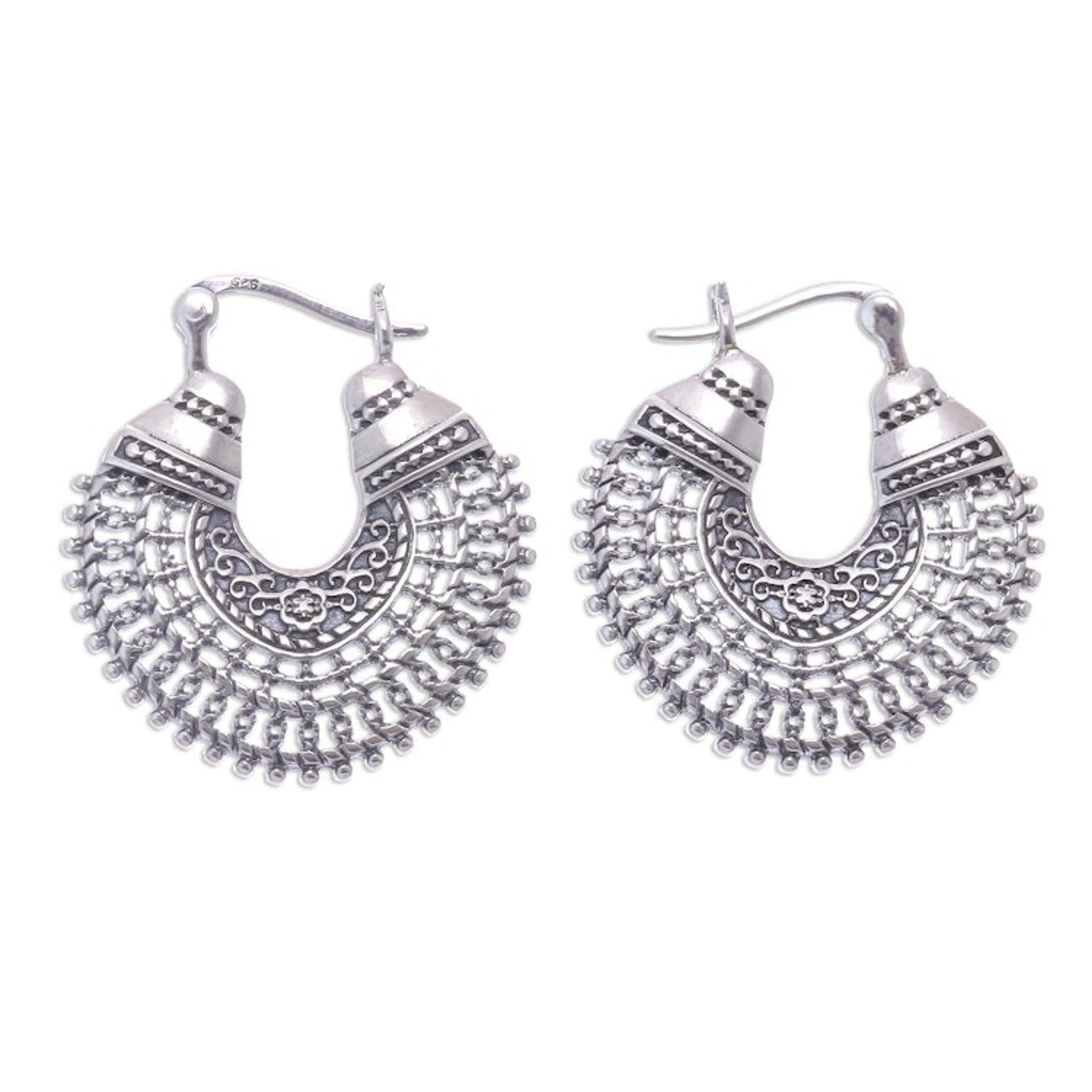 Patterned Sterling Silver Hoop Earrings from Thailand 'Thai Classic'