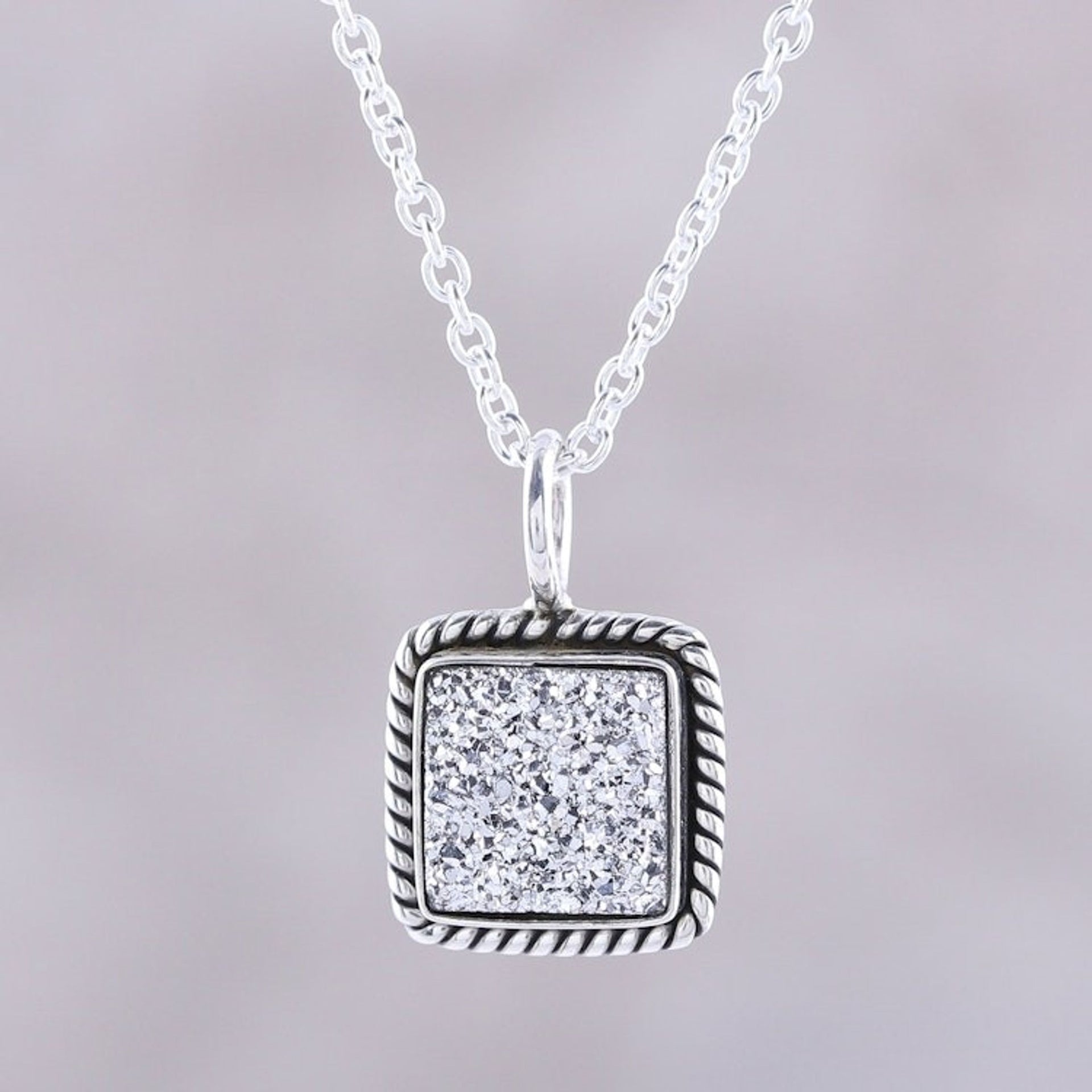 Sterling Silver White Druzy Square Pendant Necklace 'White Sparkle'