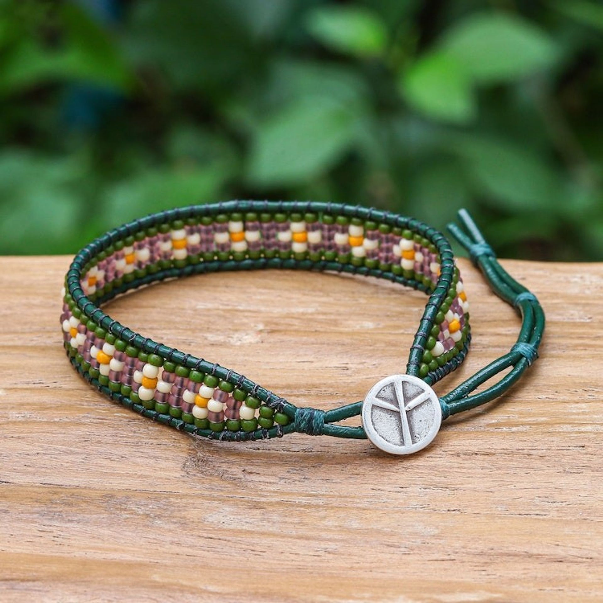 Green and Purple Glass Bead and Leather Wristband Bracelet 'Peace at the Forest'
