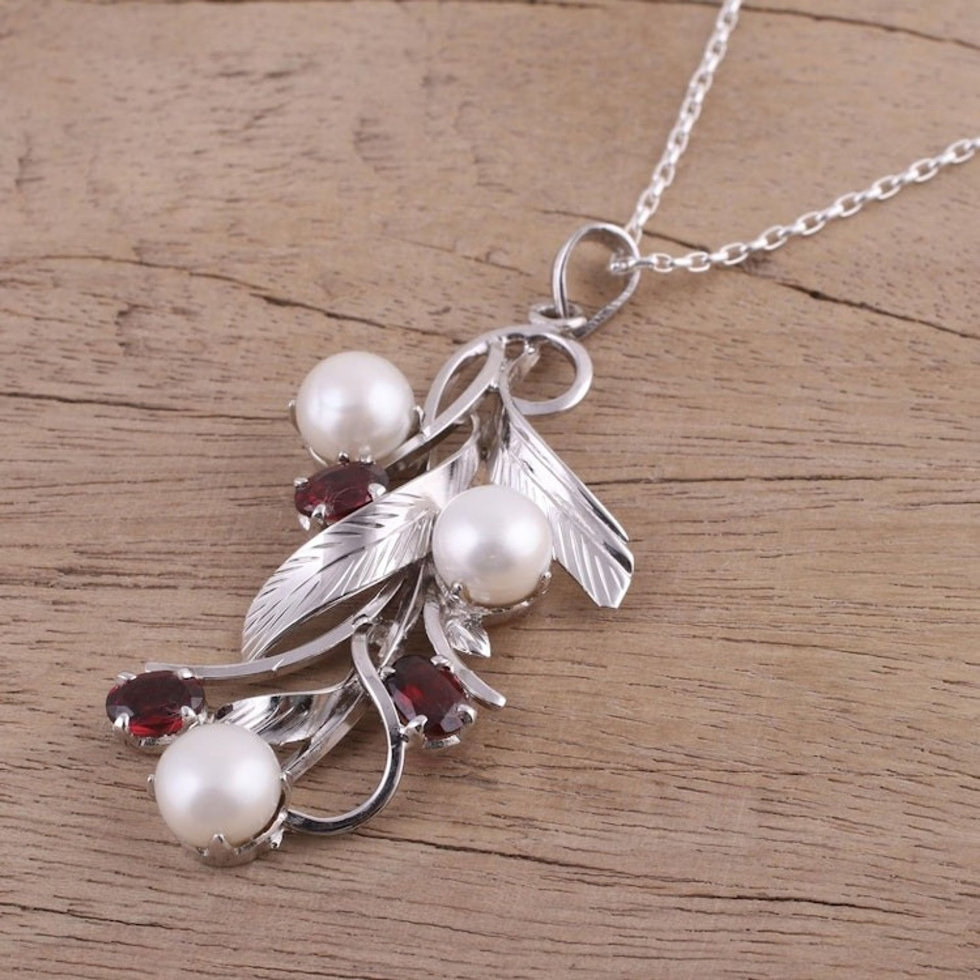 Cultured Pearl and Faceted Garnet Necklace from India 'Blissful Nature'