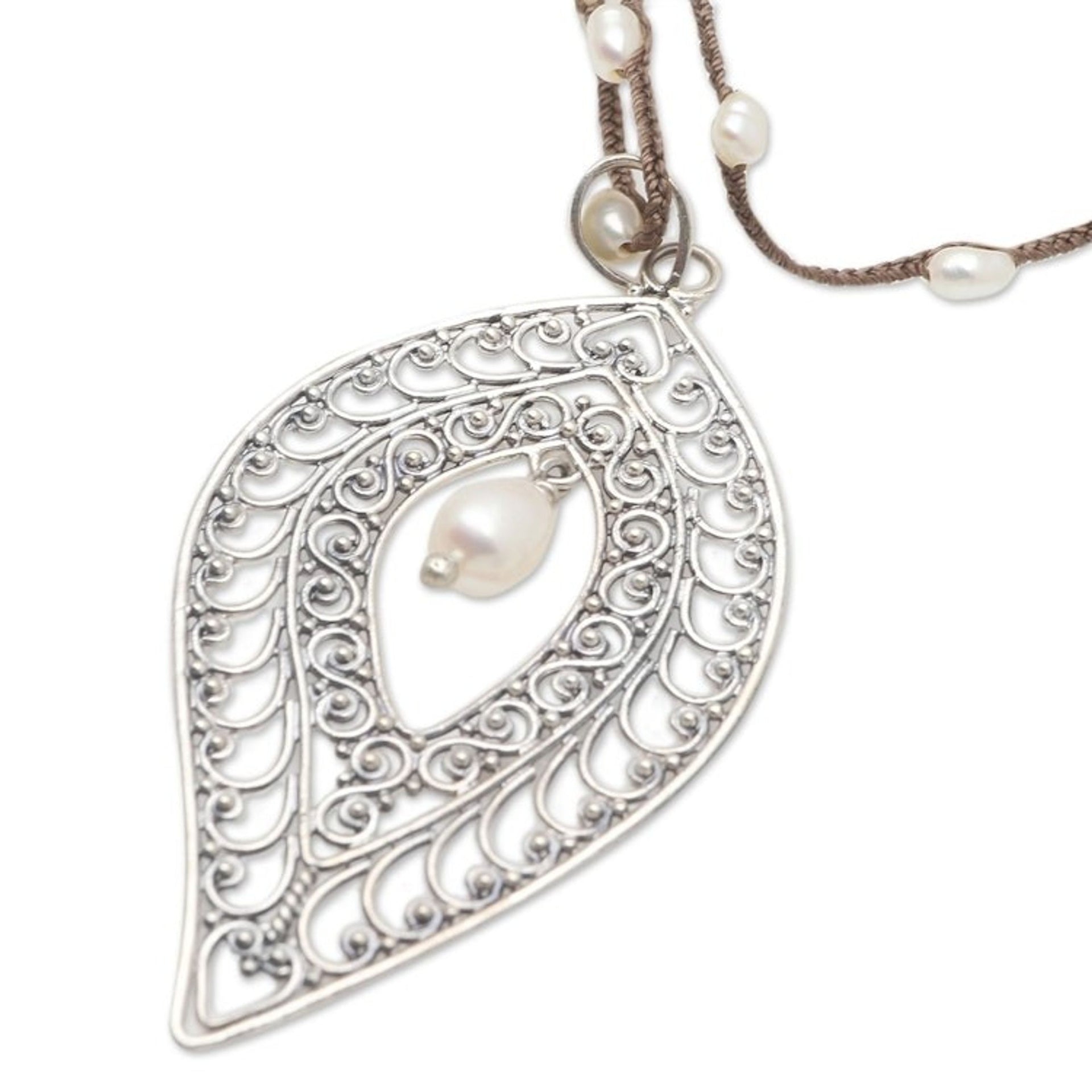 Sterling Silver and Cultured Pearl Pendant Necklace 'Miana Leaves'
