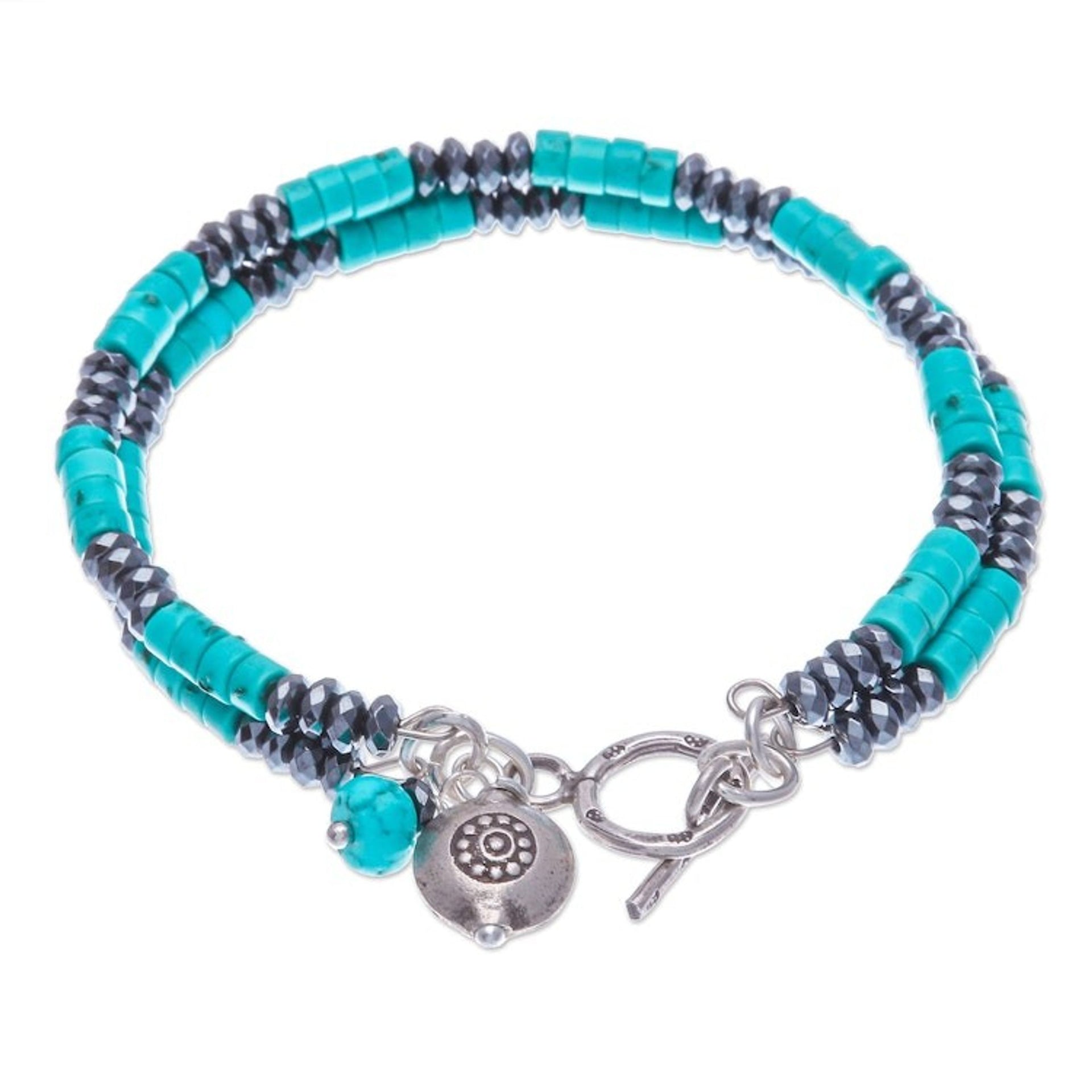 Hematite and Recon Turquoise Beaded Bracelet with Charms 'Spaced Energies'