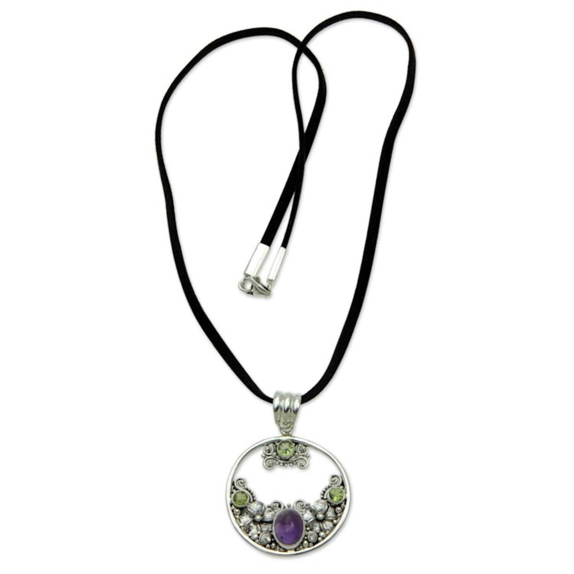 Peridot Amethyst and Sterling Silver Necklace Bali Jewelry 'Frangipani Moon'