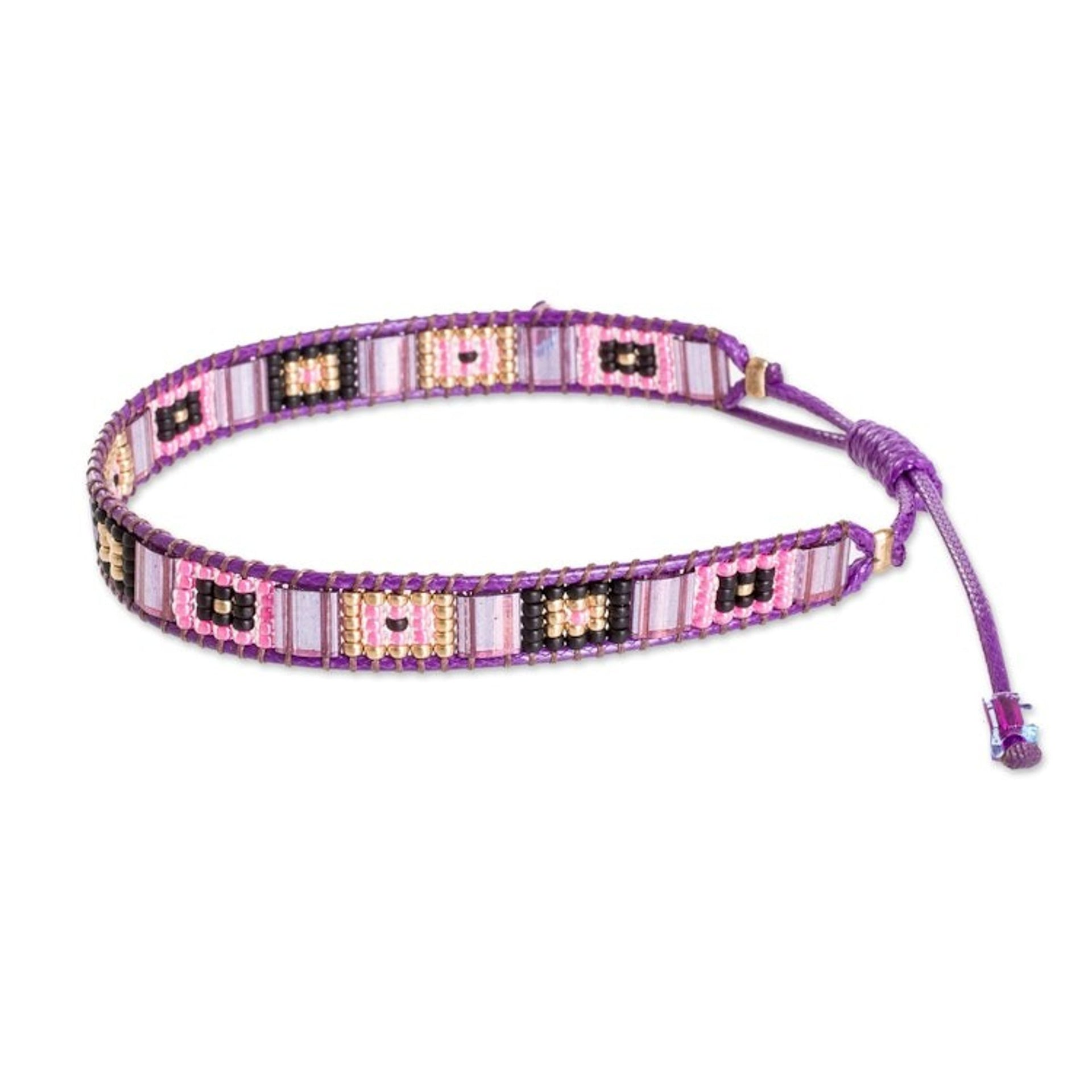 Handmade Purple and Pink Glass Beaded Wristband Bracelet 'Geometric Delight'