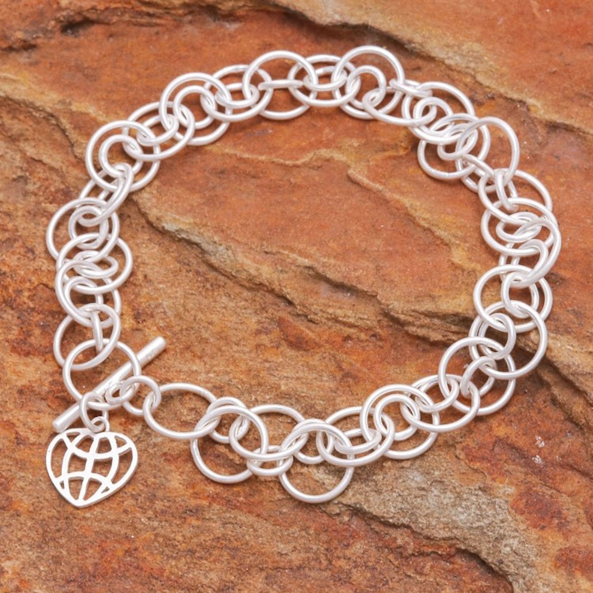 Modern Sterling Silver Link Bracelet with Heart Charm 'Global Heart'