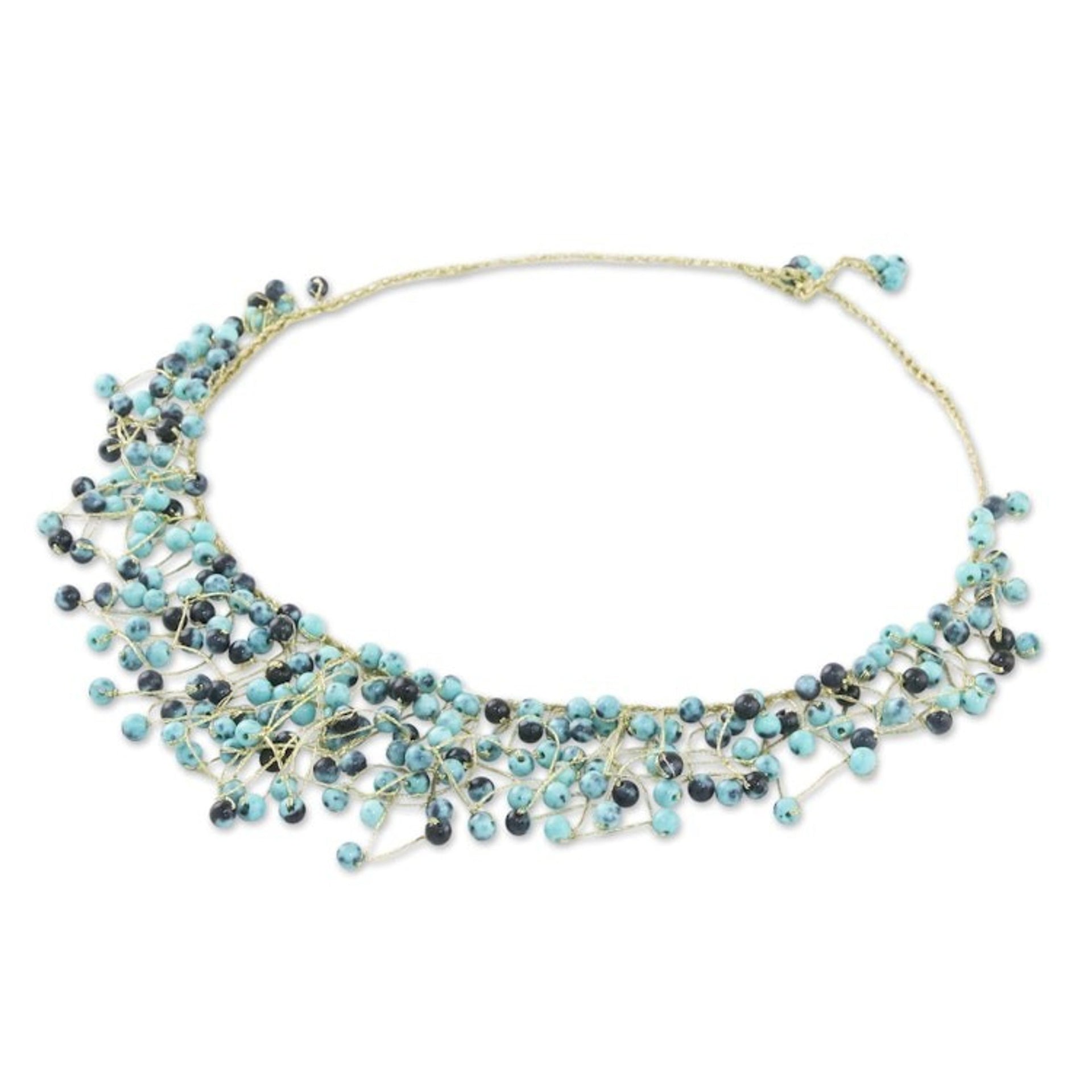 Glass Beaded Waterfall Necklace in Blue from Thailand 'Fantasy Rain in Blue'