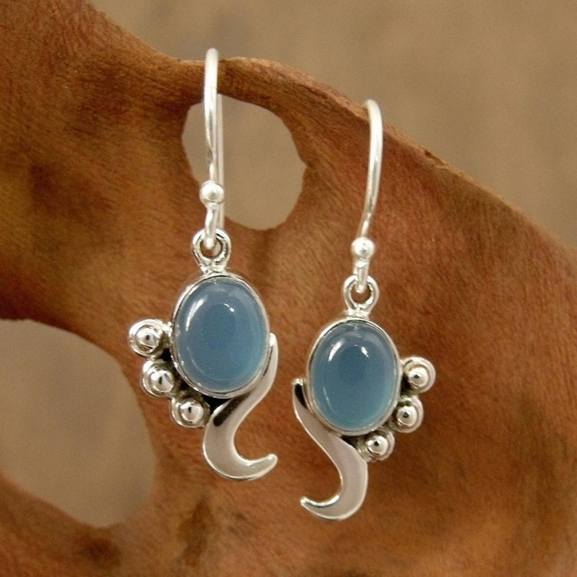 Hand Made Sterling Silver and Chalcedony Earrings 'Hindu Harmony'