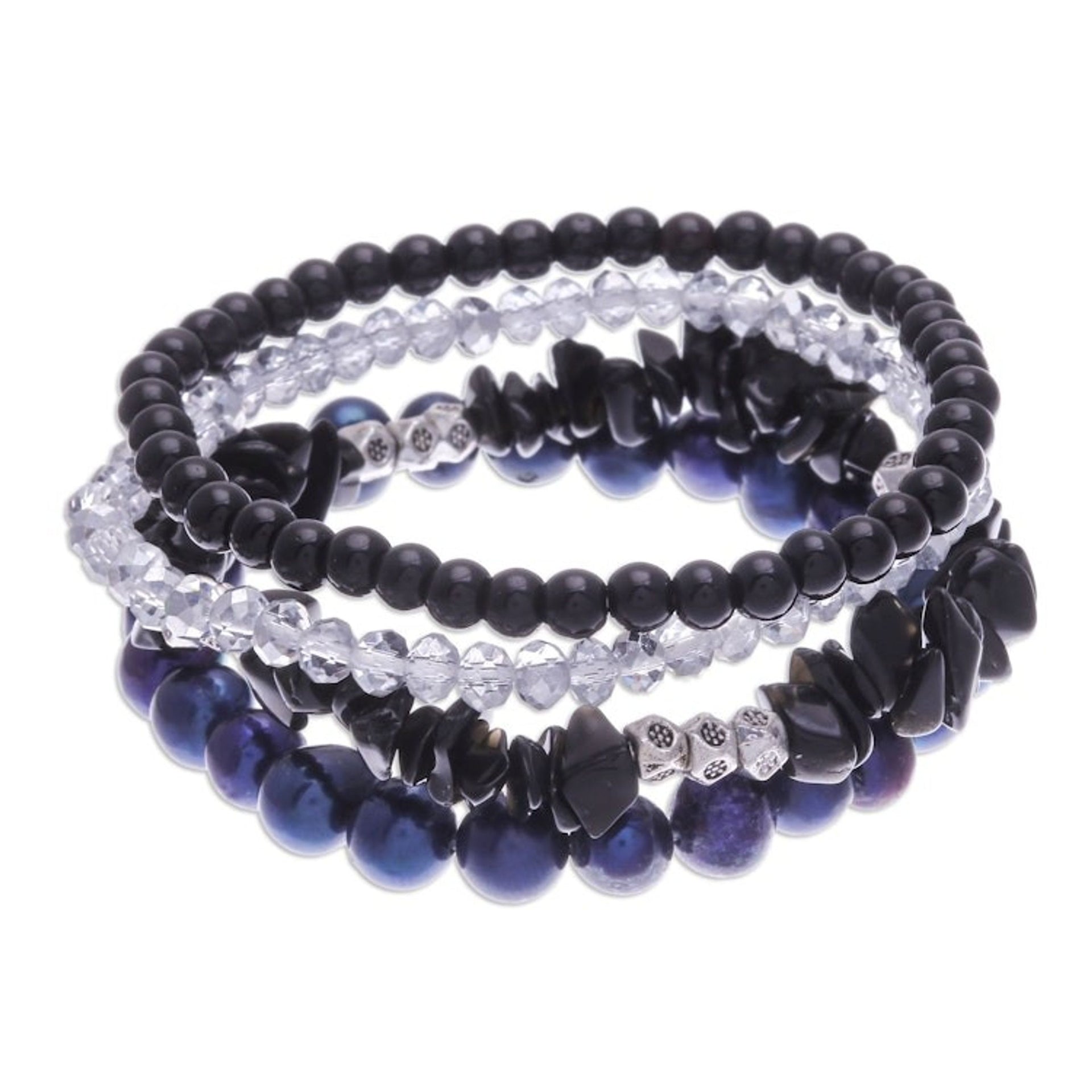 Set of 4 Black Beaded Stretch Bracelets from Thailand 'Fancy Dream in Black'