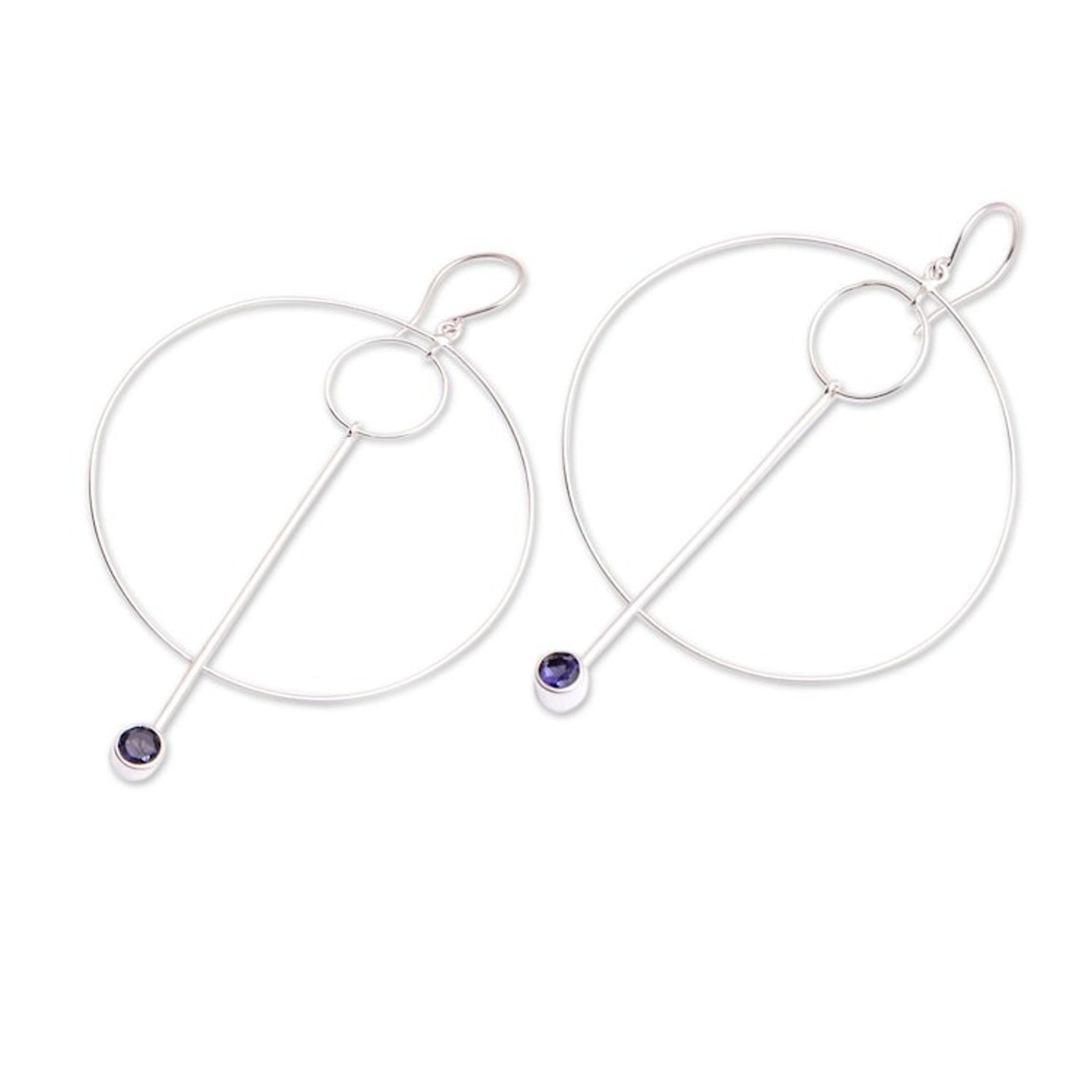 Modern Sterling Silver Circle Dangle Earrings with Iolite 'Contemporary Glam'