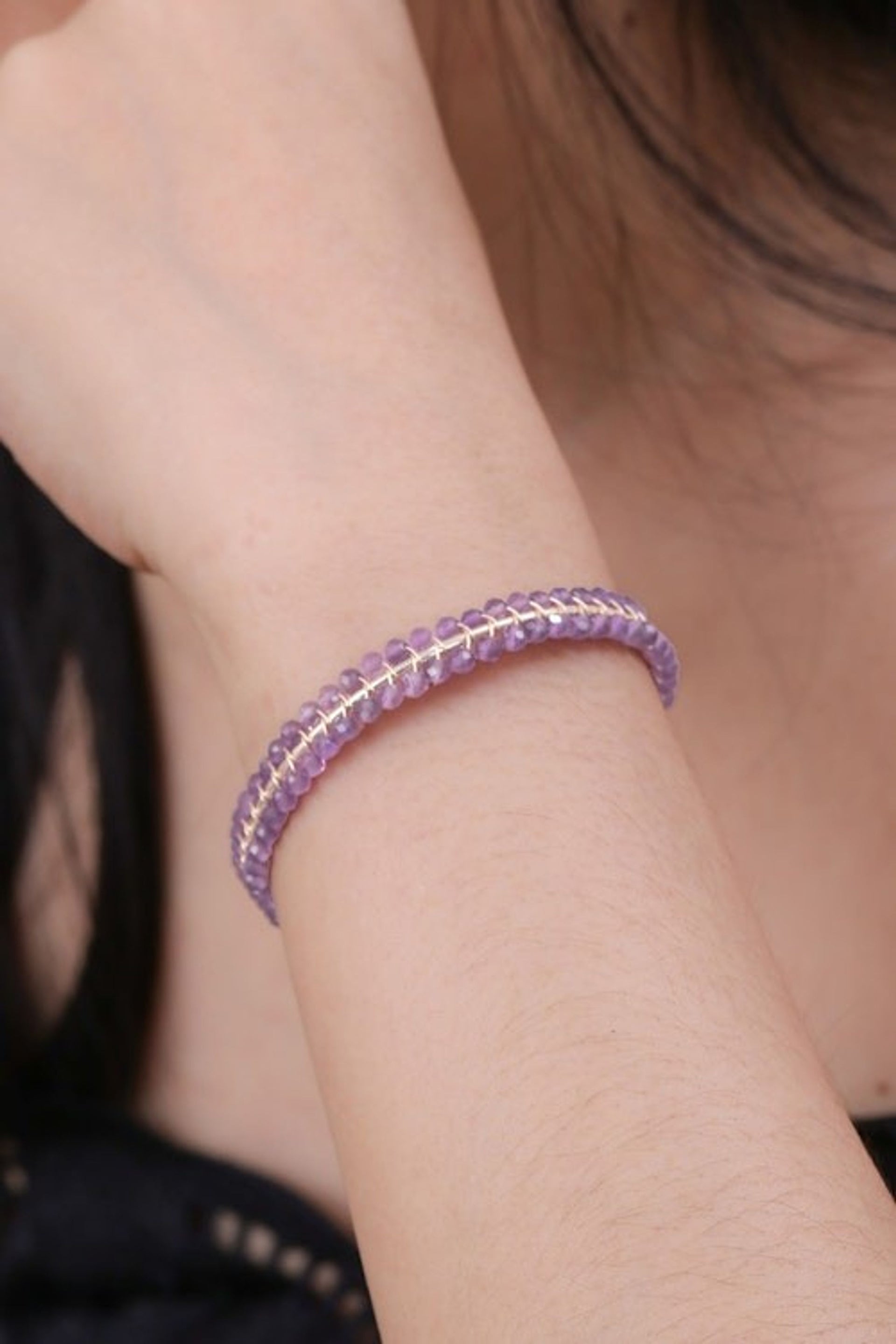 Lavender Amethyst Beaded Cuff Bracelet Handmade in Thailand 'Life of Enchantment'