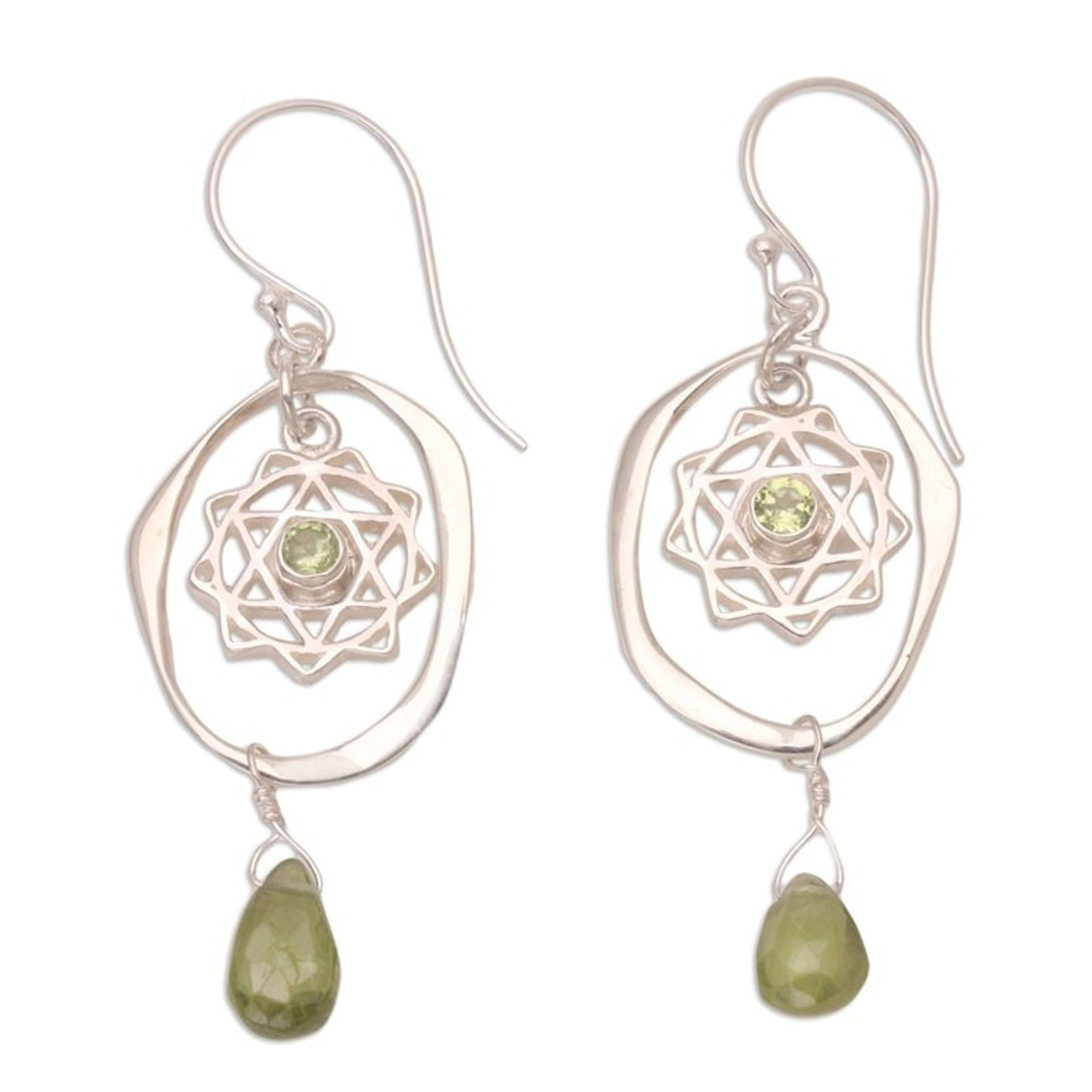 Peridot Dangle Earrings with Chakra Motif 'Heart of Chakra'