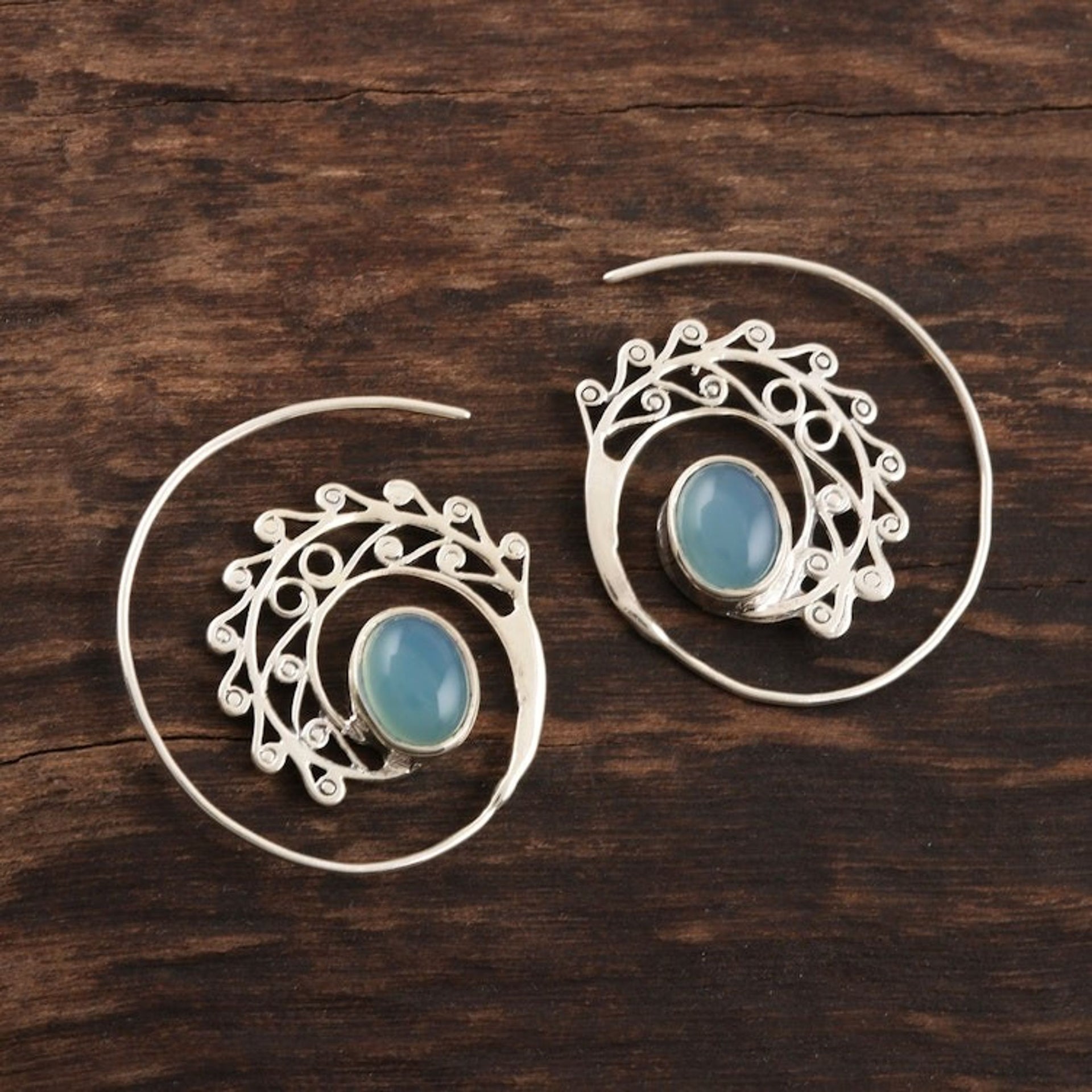 Spiral Drop Earrings with Blue Chalcedony 'Eye of the Peacock'
