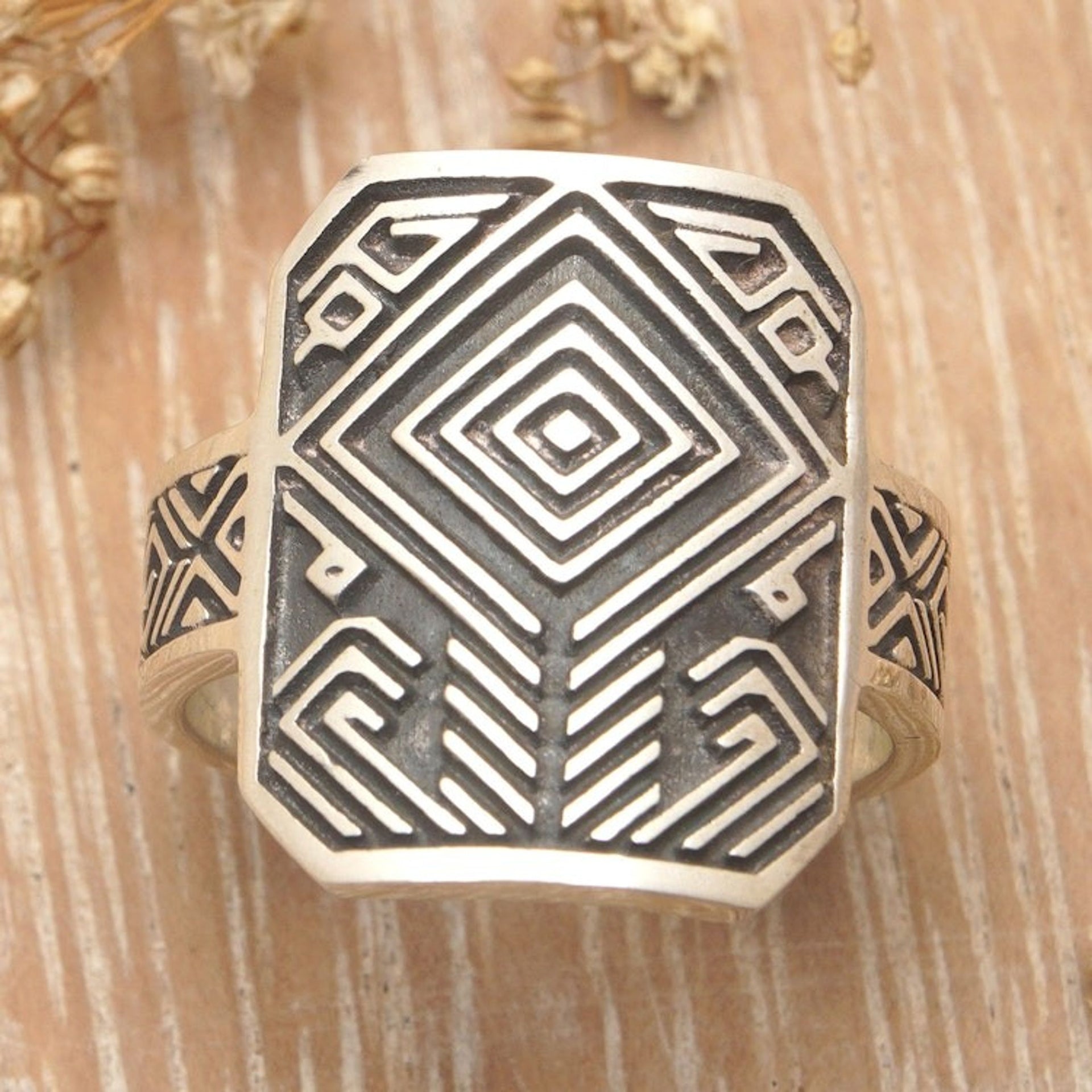 Men's Sterling Silver Cocktail Ring with Geometric Motifs 'Ancestral Knight'