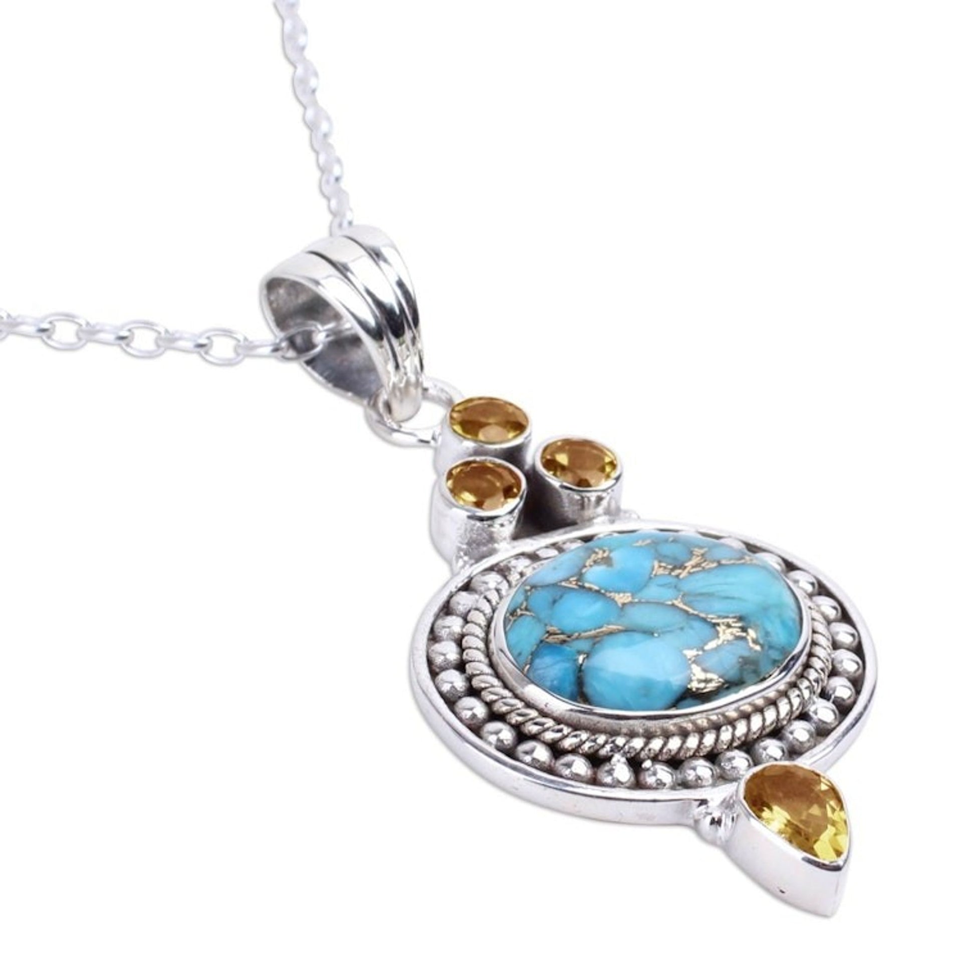 Citrine and Composite Turquoise Pendant Necklace 'Luminous Blue Sky'