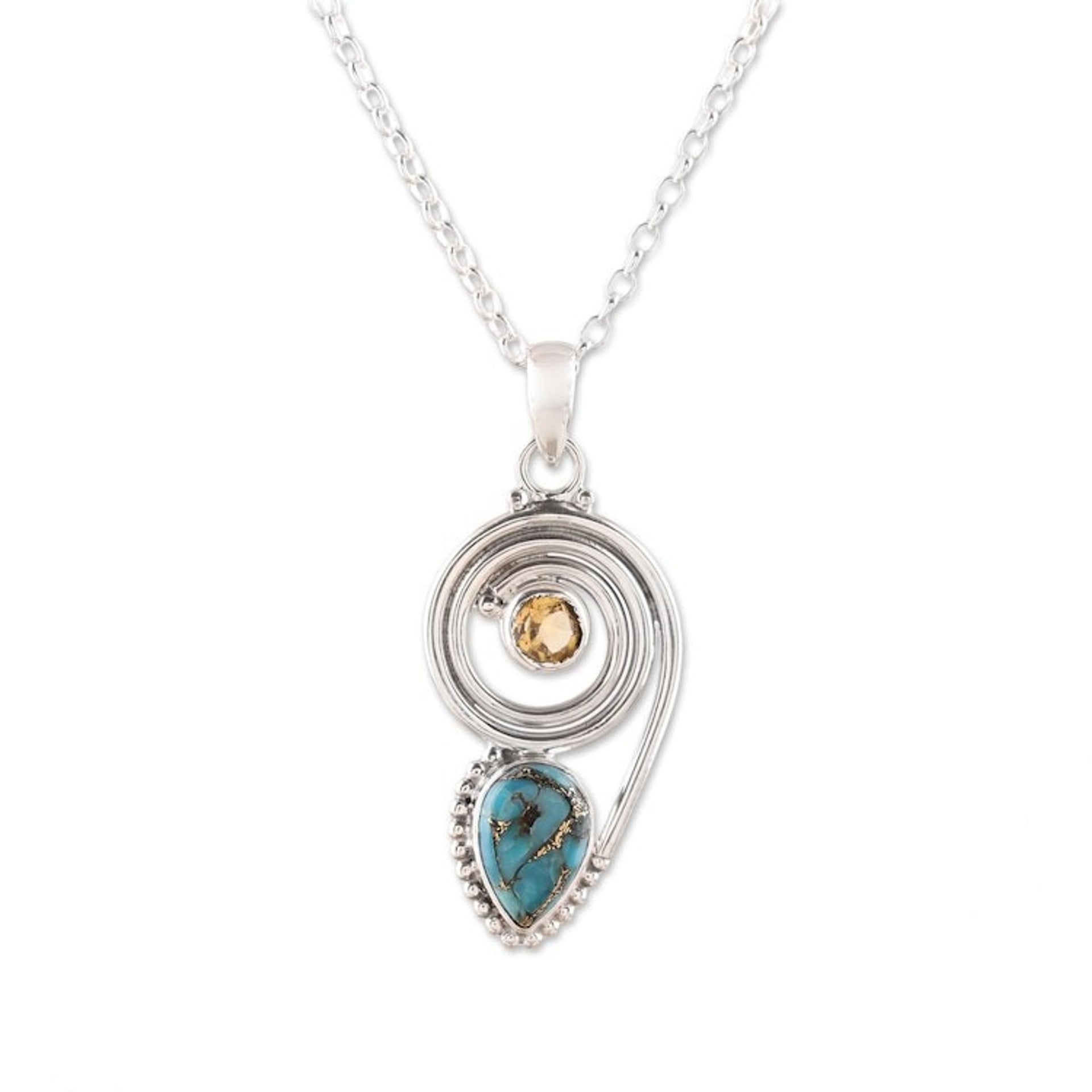 Citrine and Composite Turquoise Pendant Necklace from India 'Wondrous Coil'