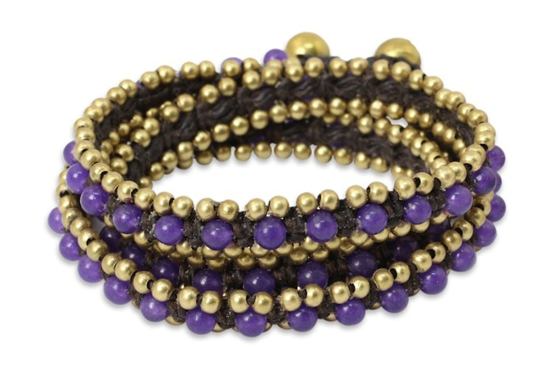 Hand Knotted Thai Purple Quartz Bracelet with Brass Beads 'Violet Happiness'